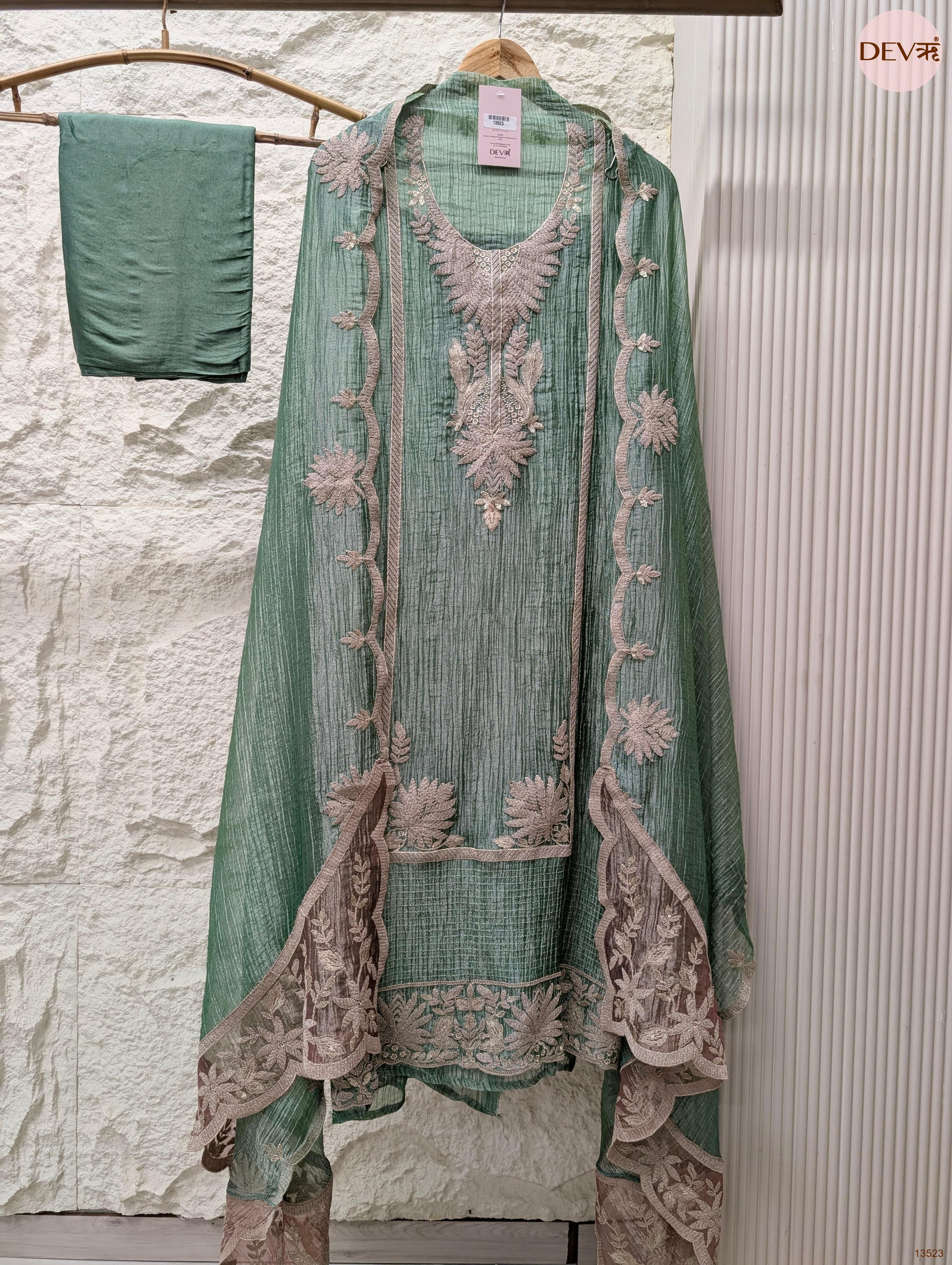 Green Tissue Crush Silk Embroidered Unstitched 3-Piece Suit (Devri – D.No 13523)
