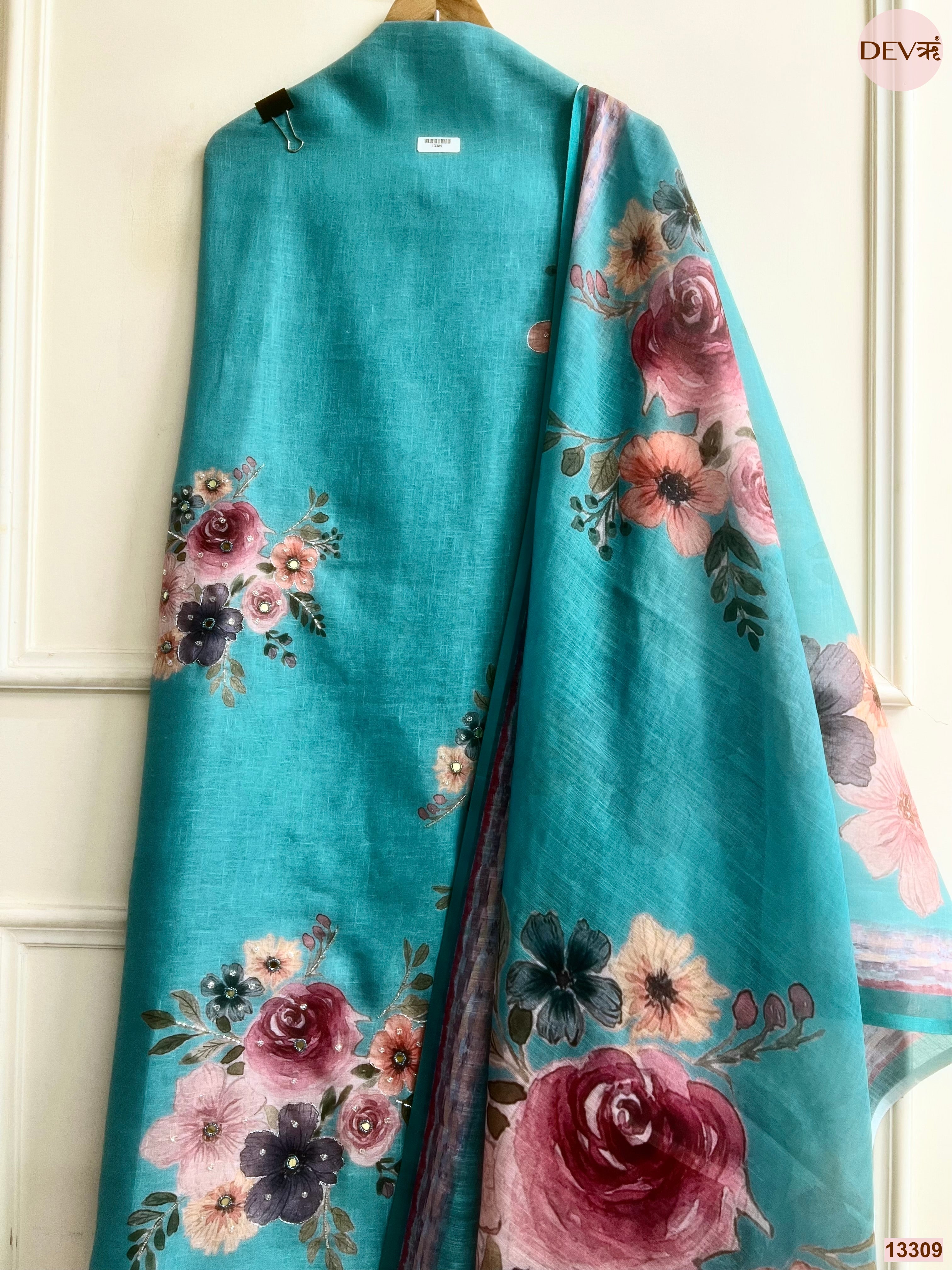 Teal Linen Cotton Printed Unstitched 3-Piece Suit (Devri – D.No 13309)