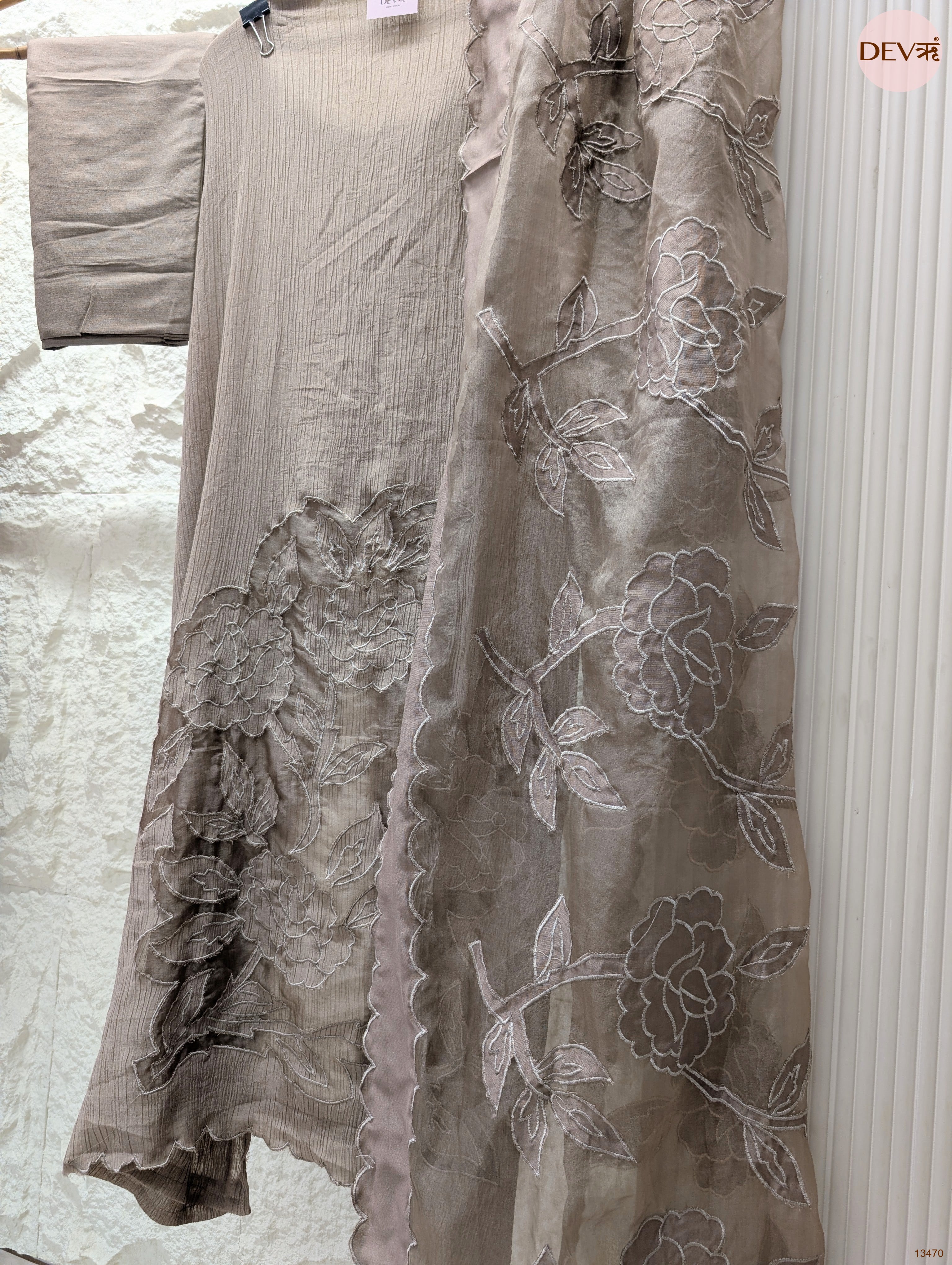 Taupe Mul Crush Embroidered Unstitched 3-Piece Suit (Devri – D.No 13470)