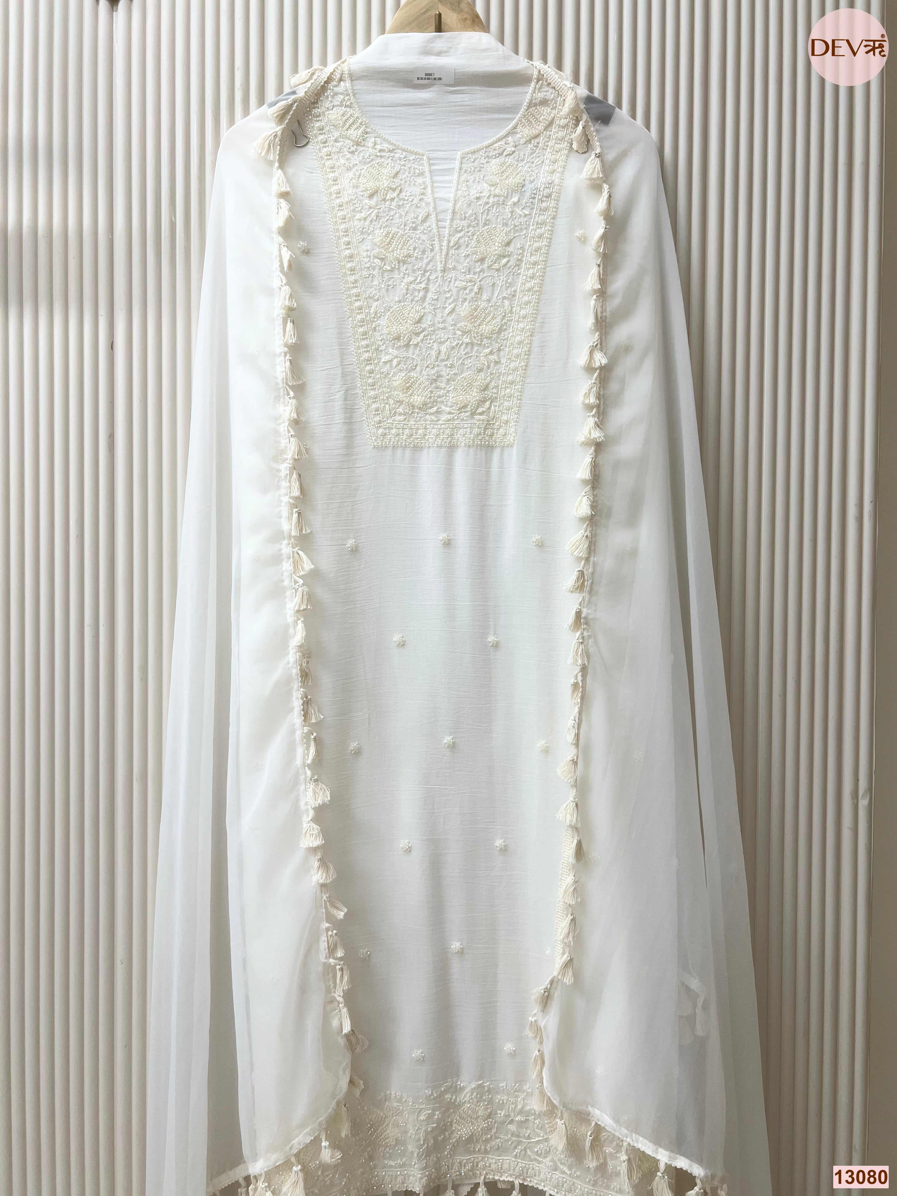 White Mul Cotton Embroidered Unstitched 3-Piece Suit (Devri – D.No 13080)