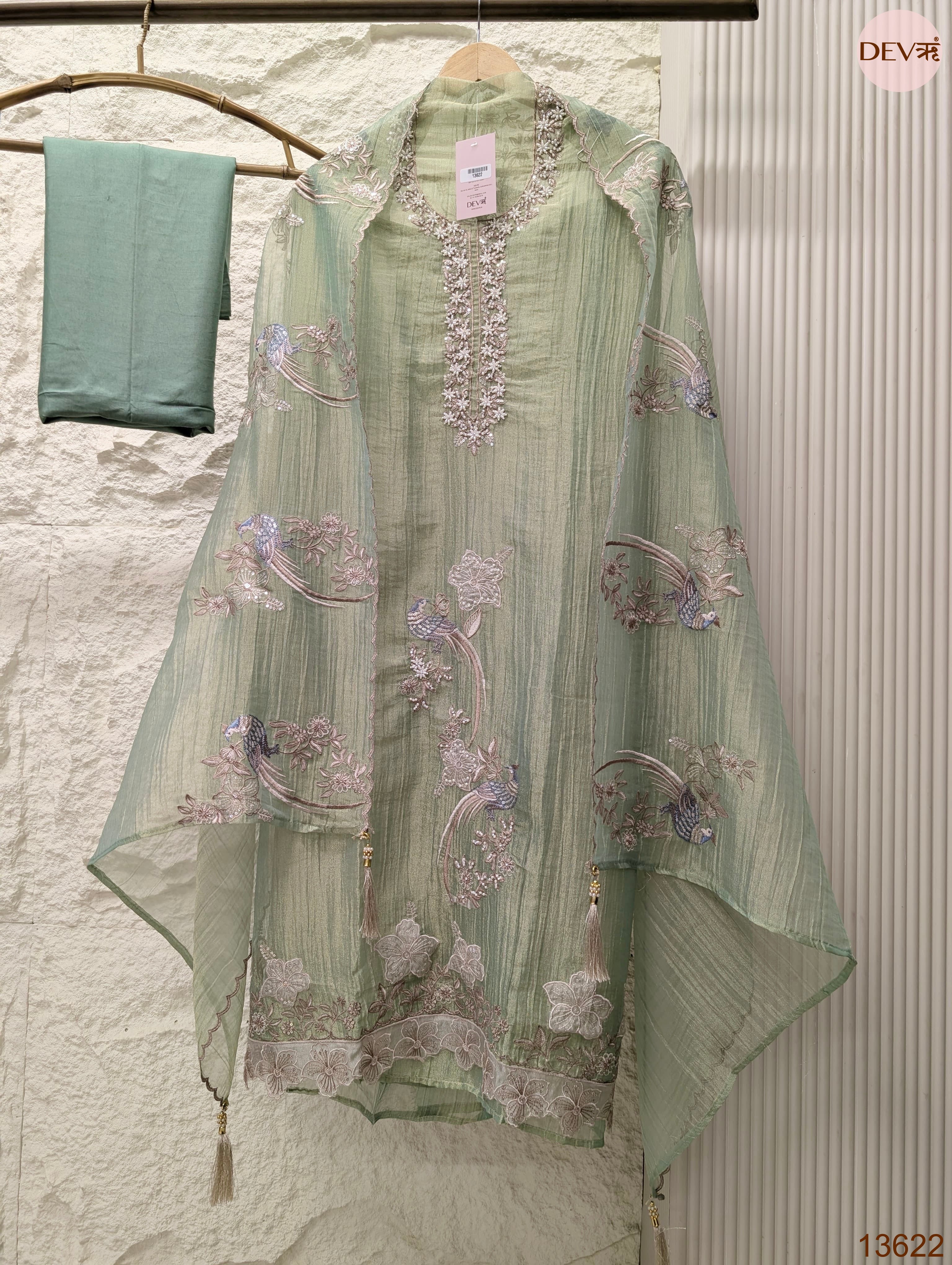 Green Tissue Crush Silk Embroidered Unstitched 3-Piece Suit (Devri – D.No 13622)
