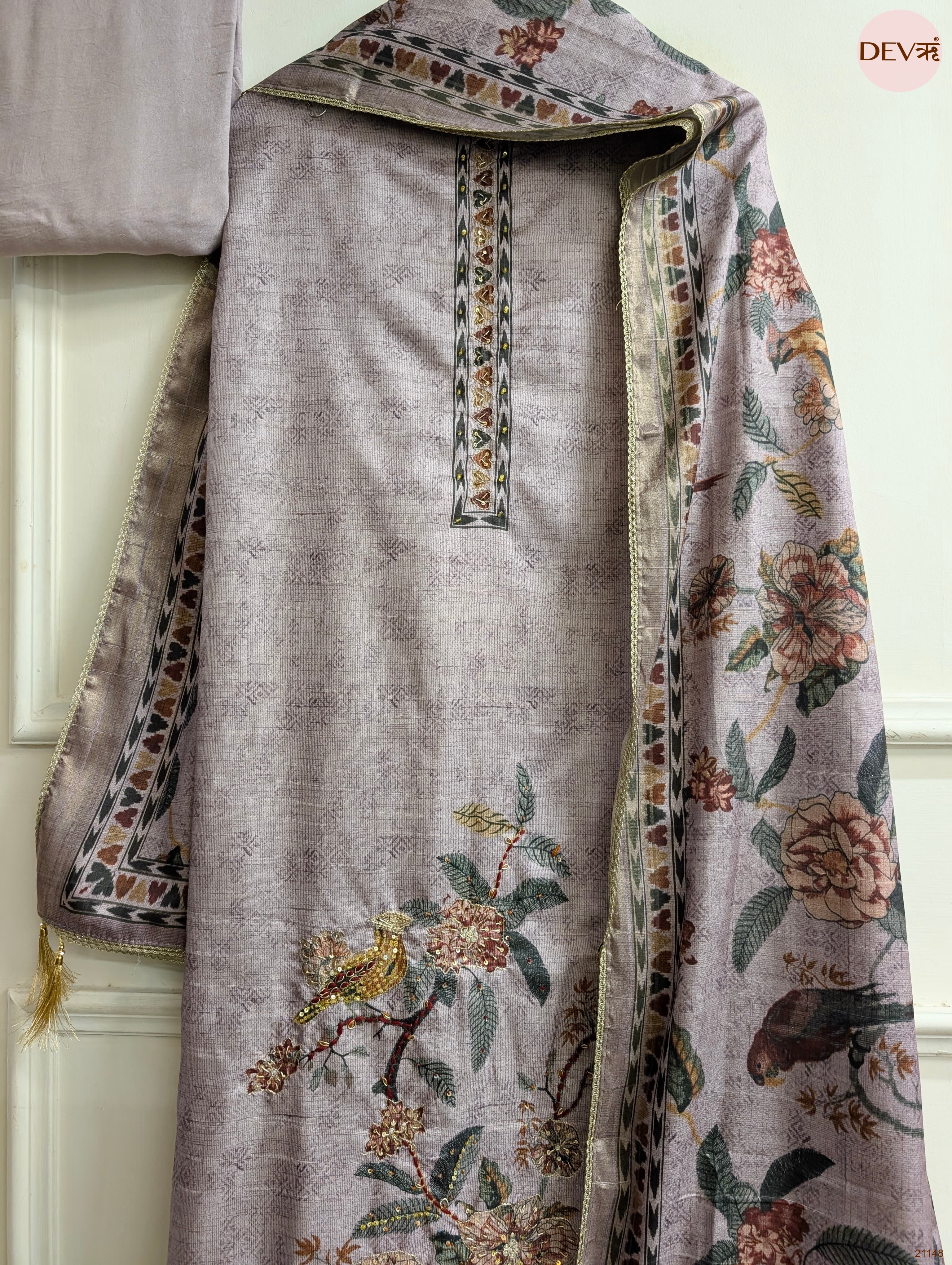 Lavender Mul Chanderi Silk Printed Unstitched 3-Piece Suit (Devri – D.No 21148)