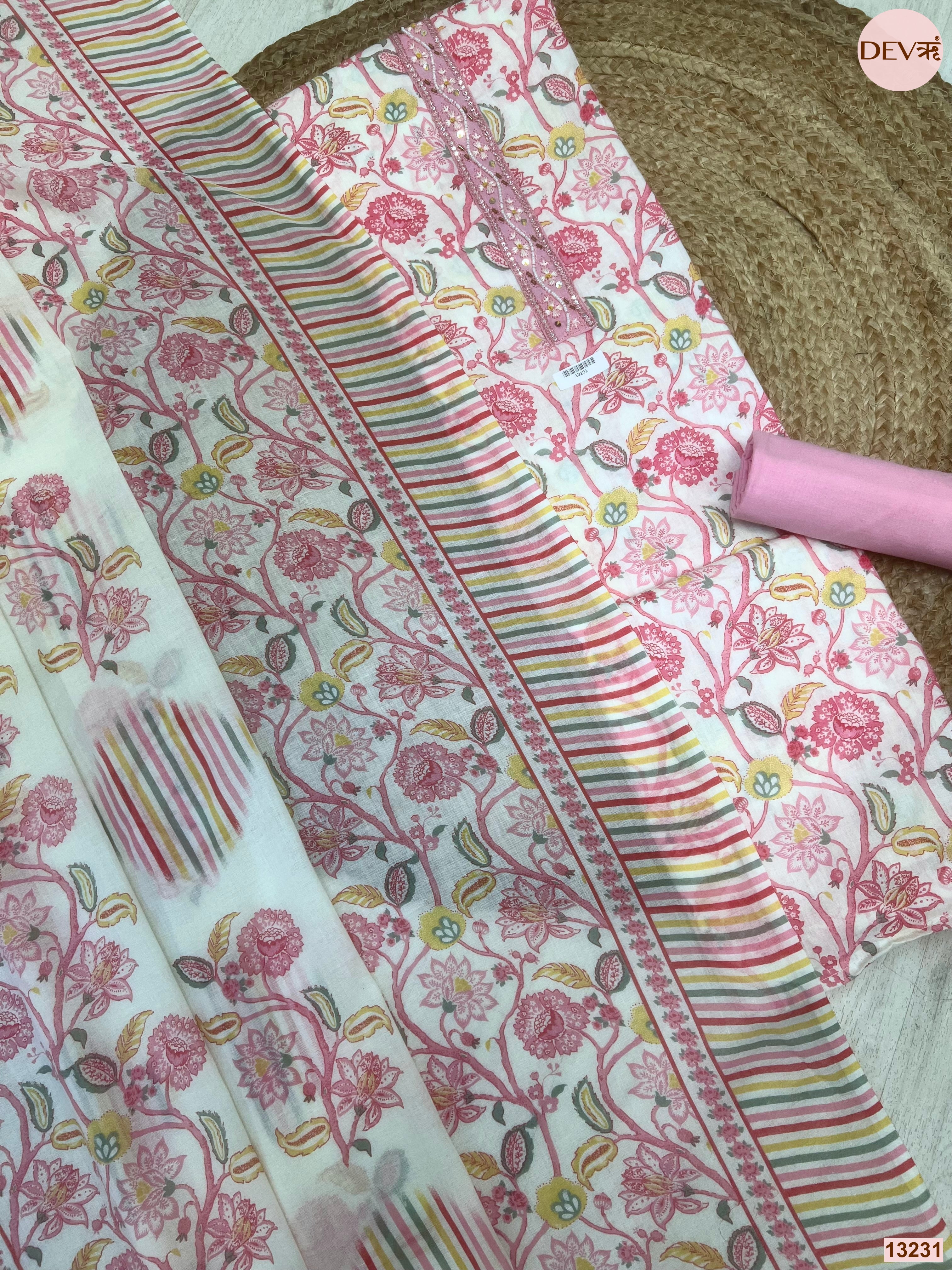 Pink Cotton Printed Unstitched 3-Piece Suit (Devri – D.No 13231)
