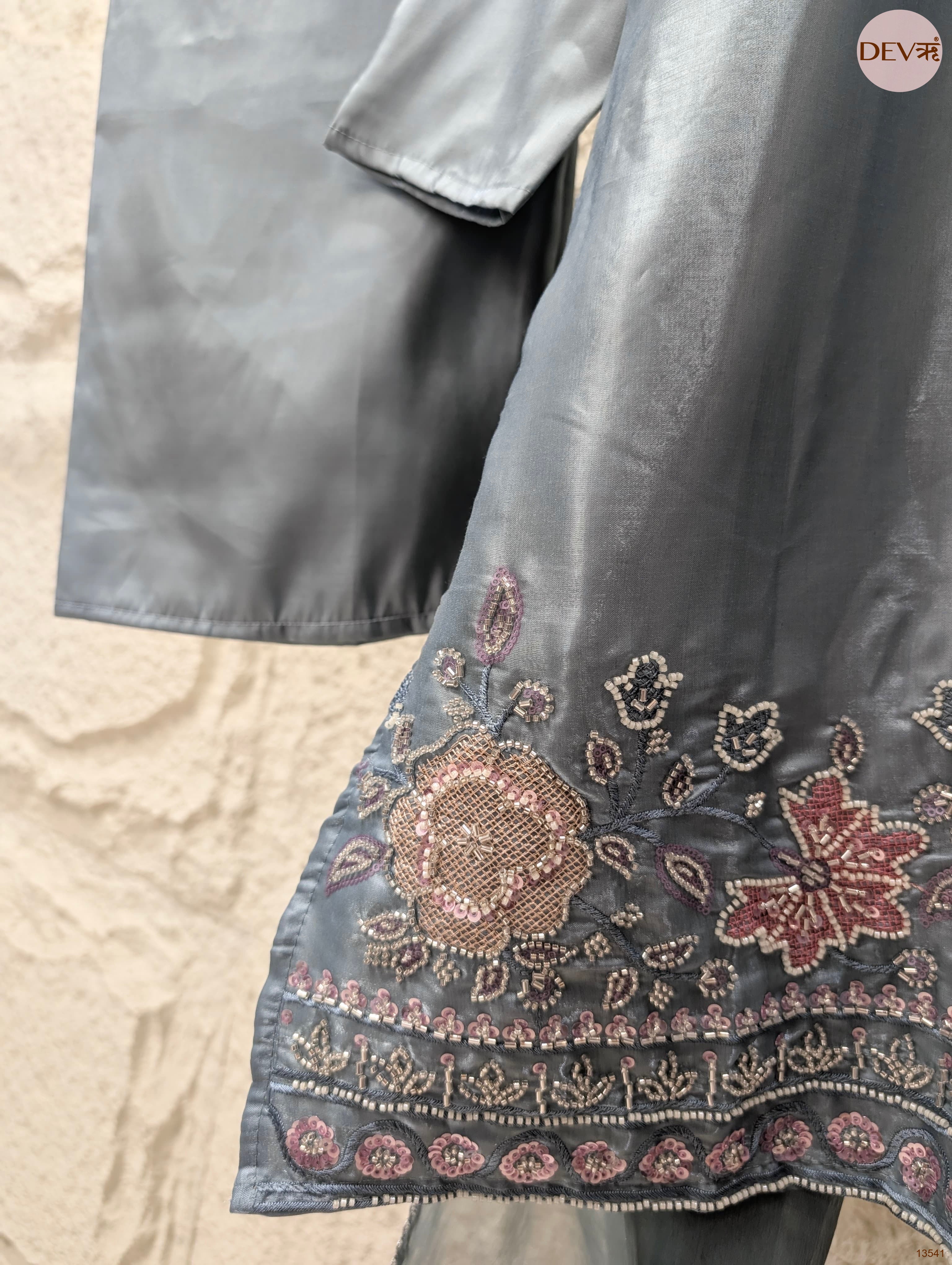 Gulnaar Roman Glass Silk Embroidered Grey 3-Piece Set (Devri – D.No 13541)