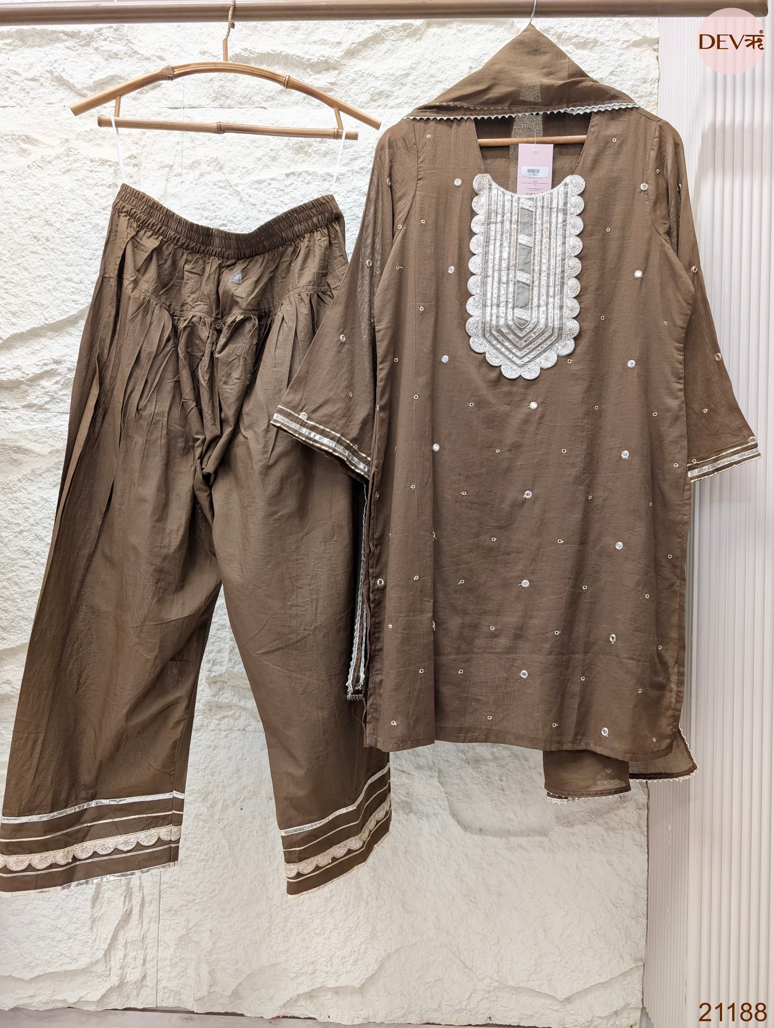 Zarmina Pure mul cotton Embroidered Brown 3-Piece Set (Devri – D.No 21188)