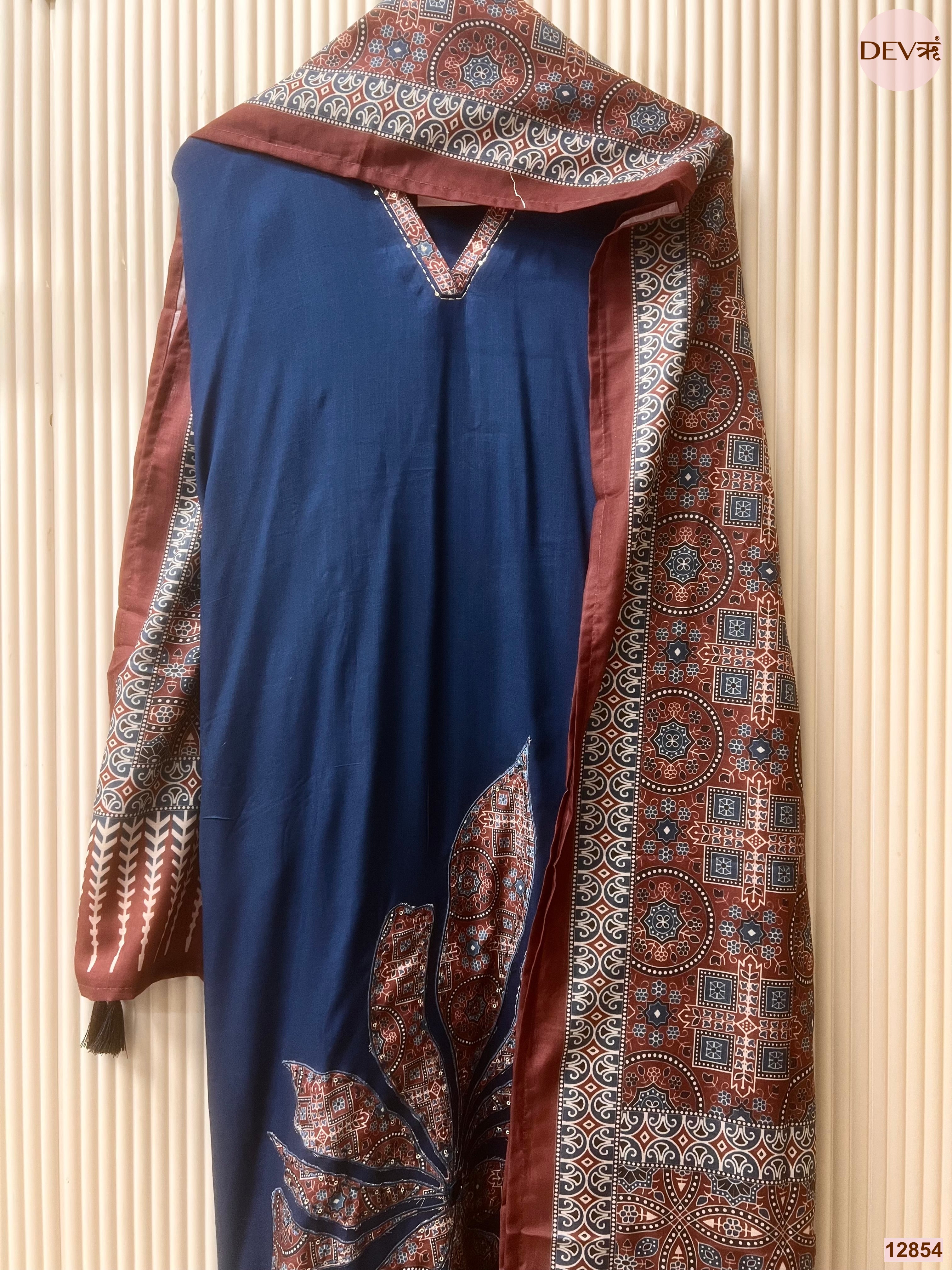 Blue Reyon Printed Unstitched 3-Piece Suit (Devri – D.No 12854)