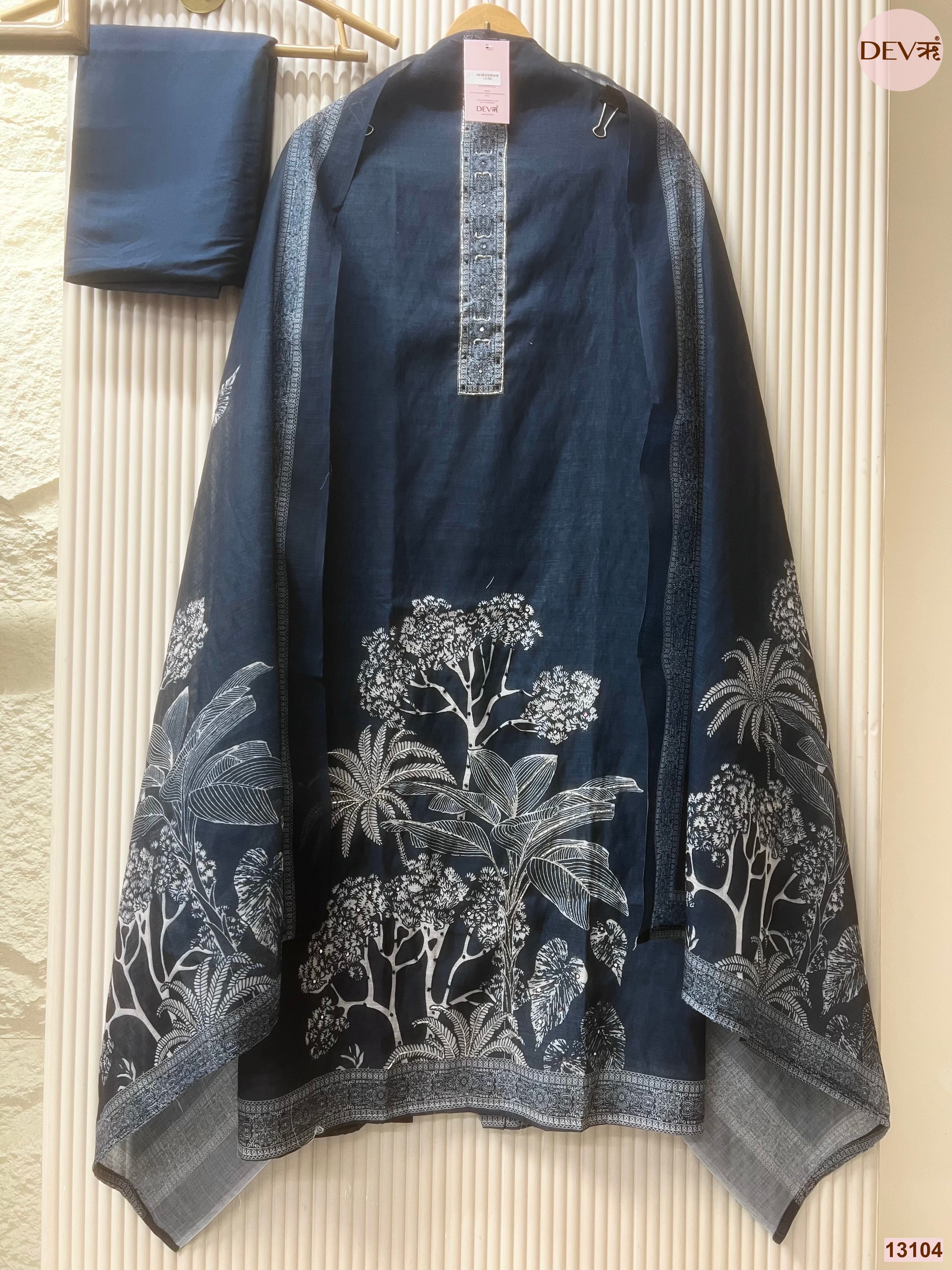 Navy Linen Cotton Printed Unstitched 3-Piece Suit (Devri – D.No 13104)