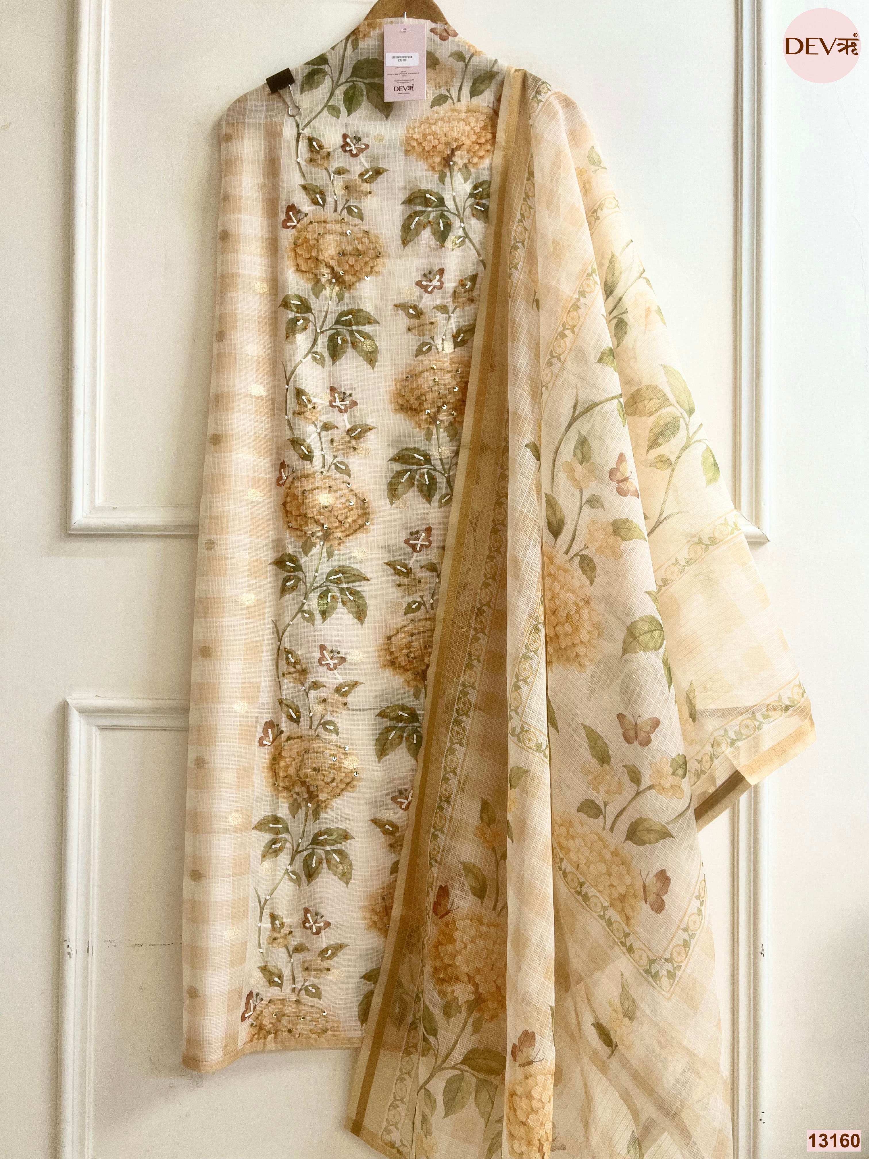 Beige Kota Printed Unstitched 3-Piece Suit (Devri – D.No 13160)