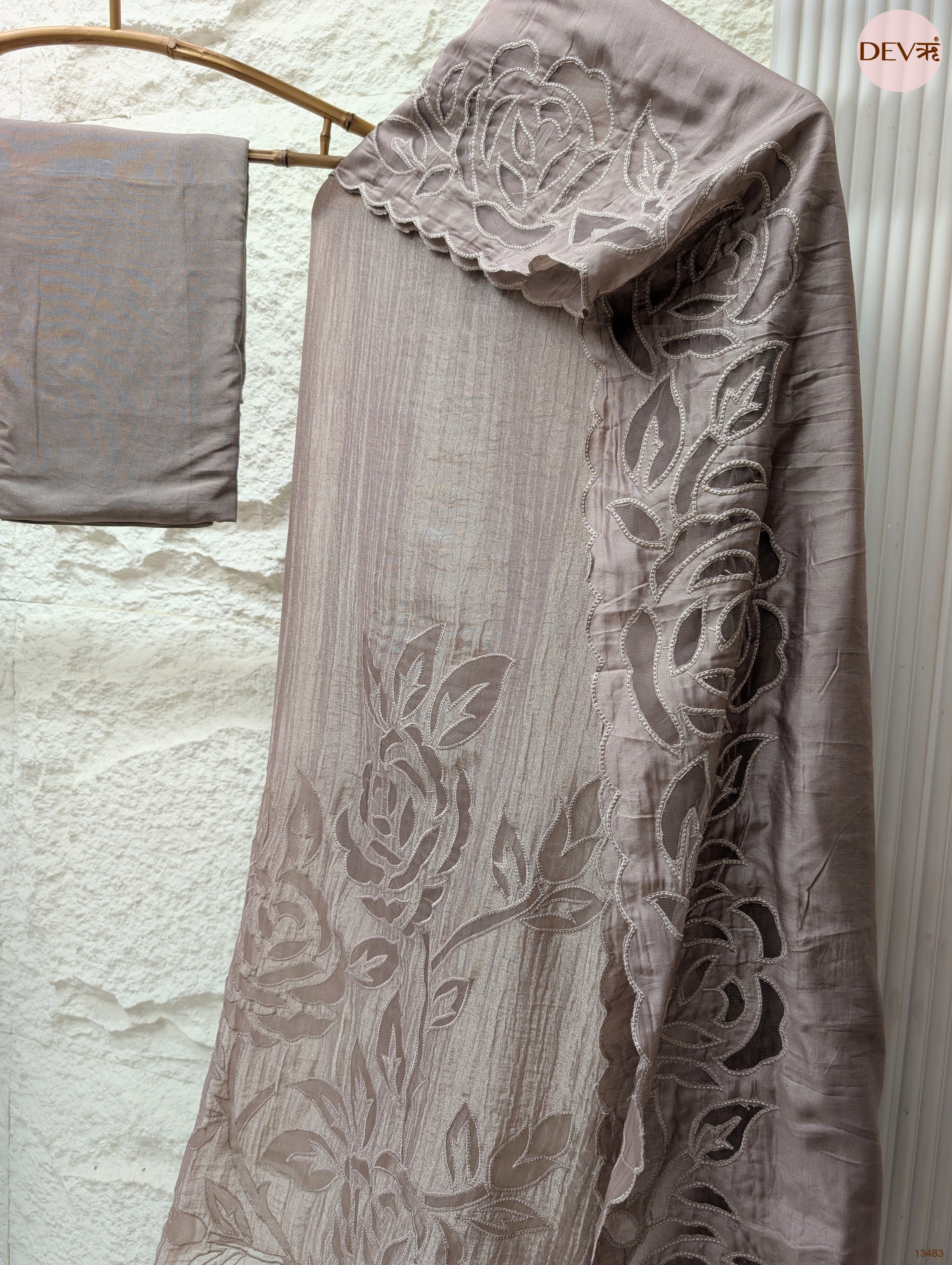 Taupe Tissue Crush Silk Chanderi Embroidered Unstitched 3-Piece Suit (Devri – D.No 13483)