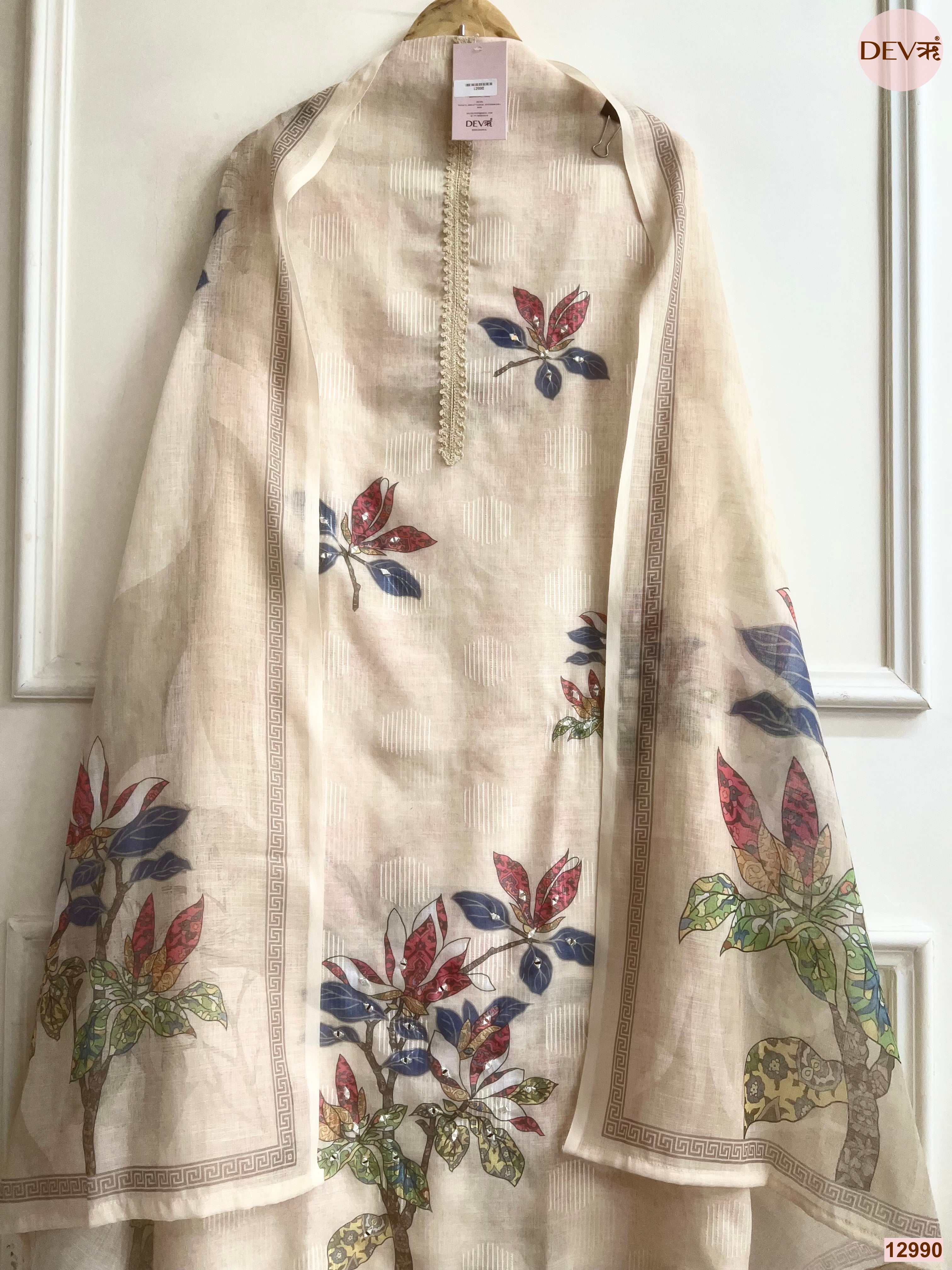 Cream Linen Printed Unstitched 3-Piece Suit (Devri – D.No 12990)