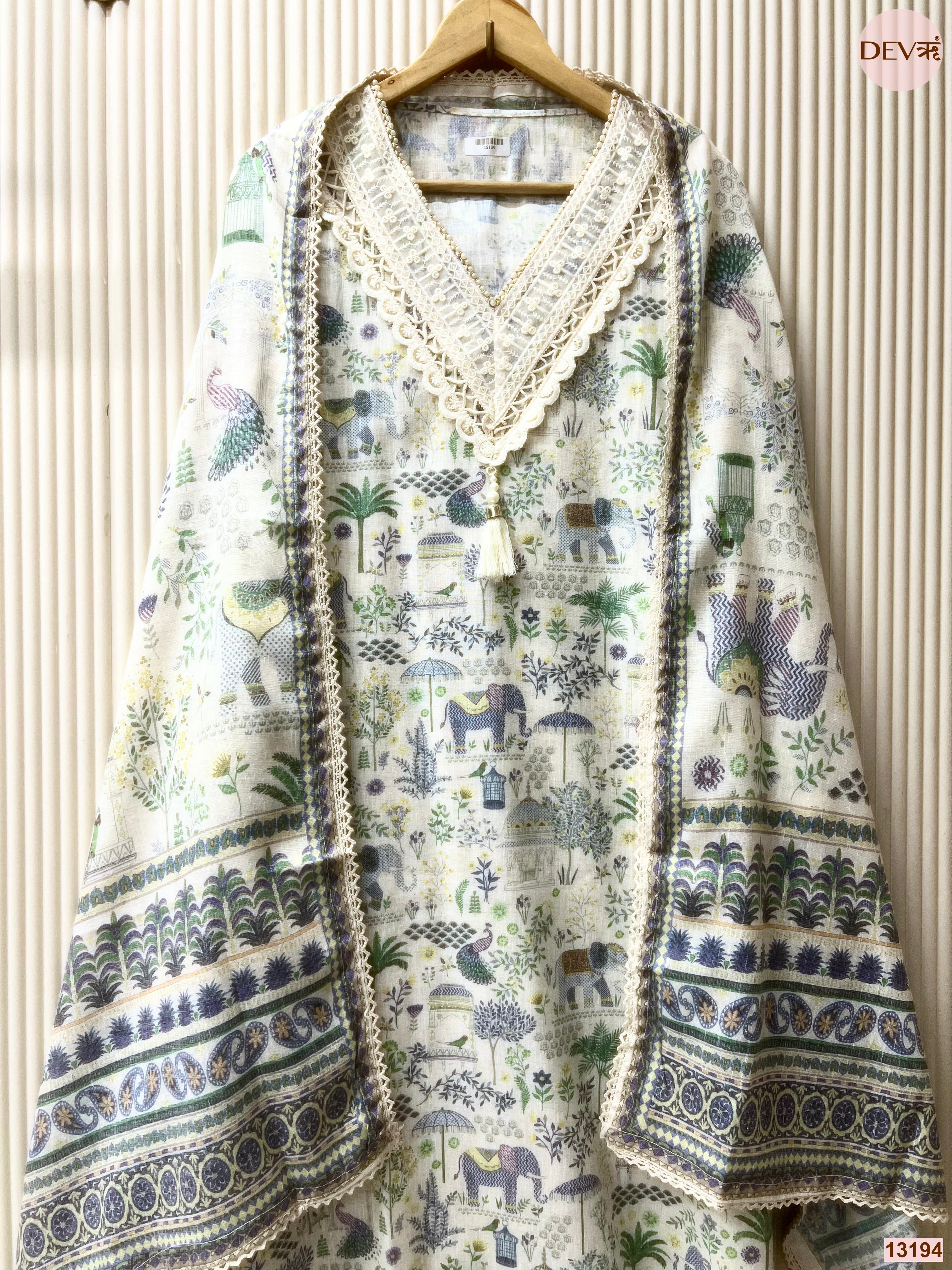 White Cotton Printed Unstitched 3-Piece Suit (Devri – D.No 13194)