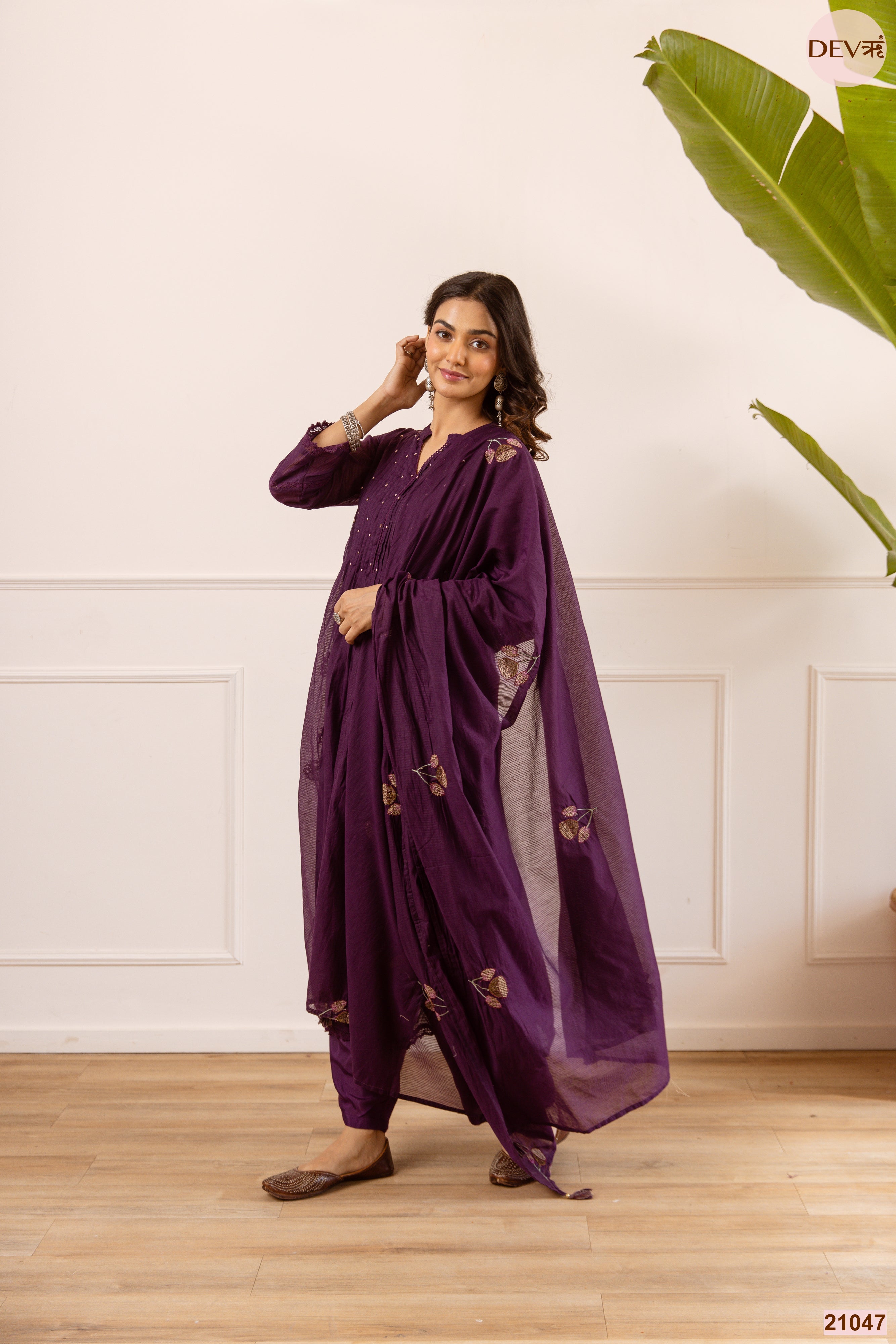 Meher Net Chanderi Embroidered Purple 3-Piece Set (Devri – D.No 21047)