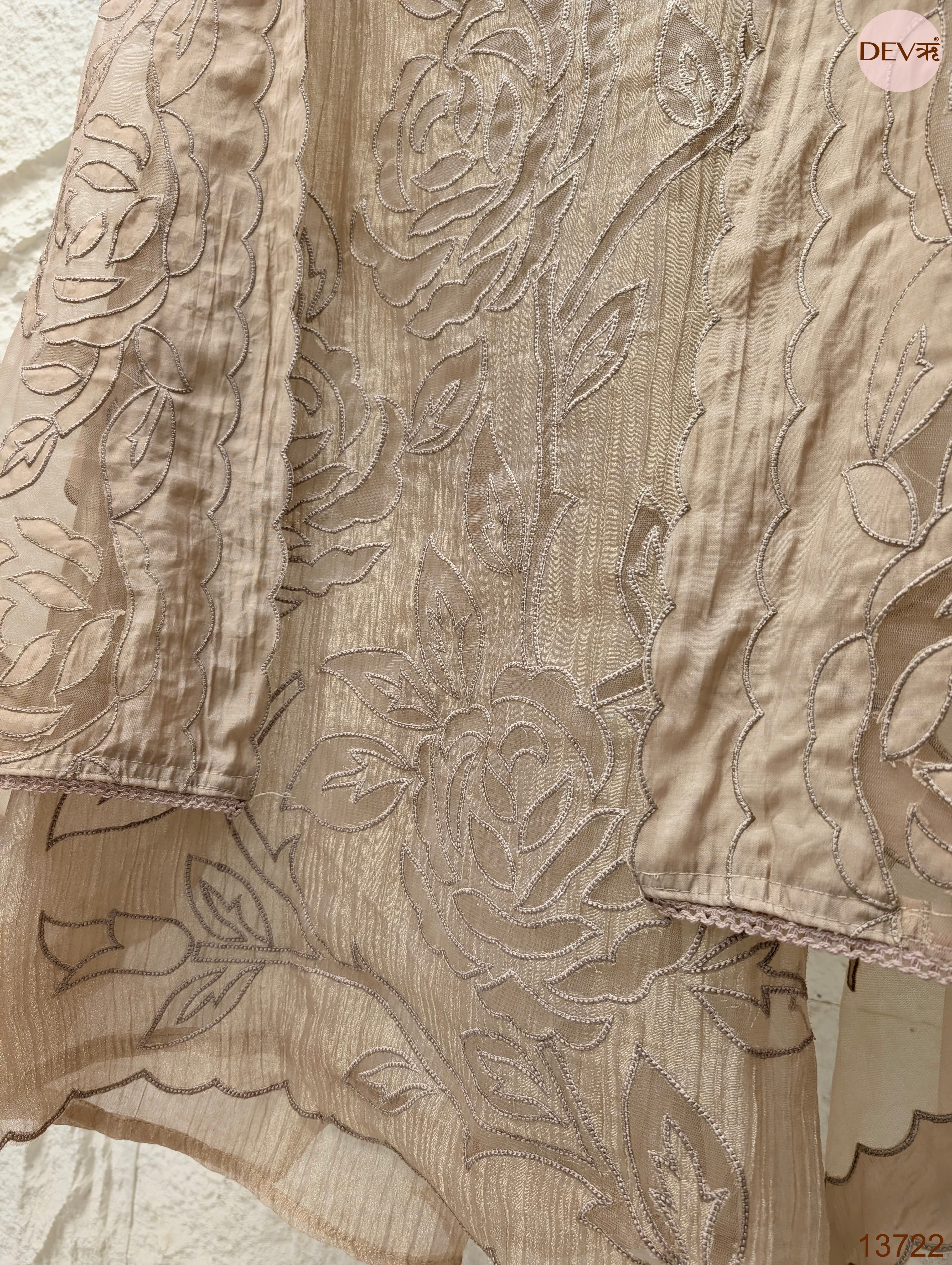 Beige Tissue Silk Embroidered Unstitched 3-Piece Suit (Devri – D.No 13722)