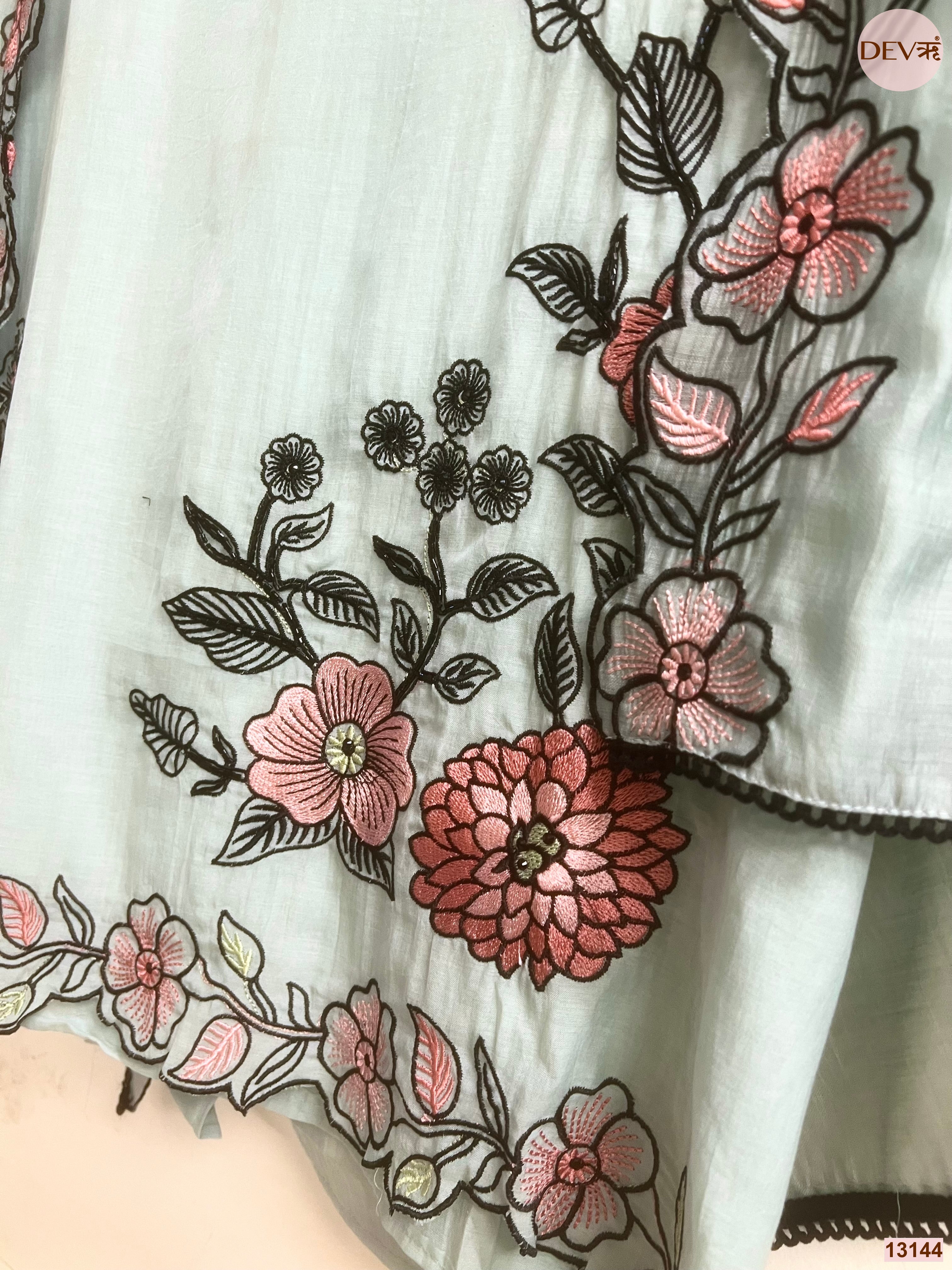 Mint Mul Chanderi Embroidered Unstitched 3-Piece Suit (Devri – D.No 13144)