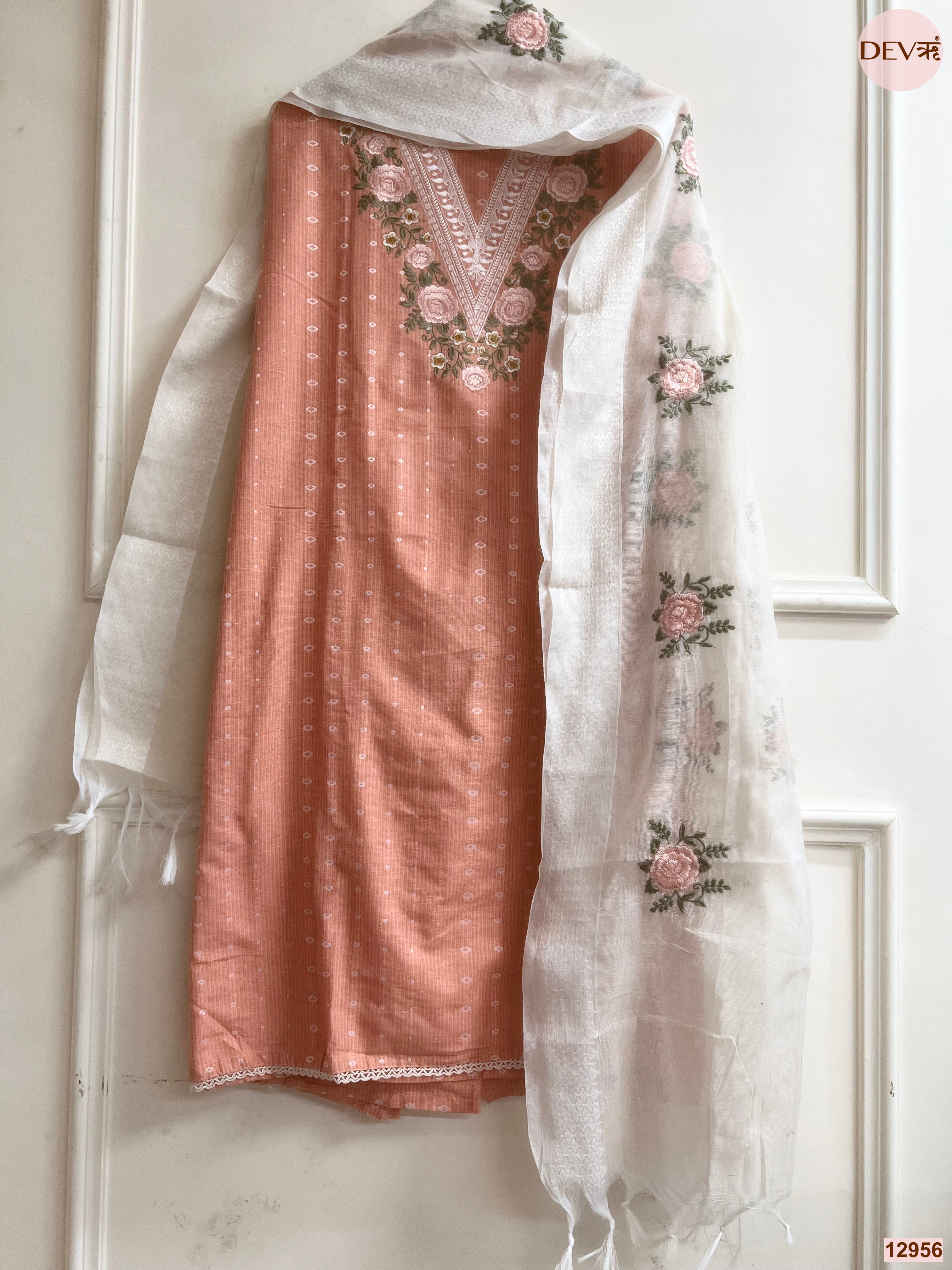 Peach Cotton Handloom Embroidered Unstitched 3-Piece Suit (Devri – D.No 12956)