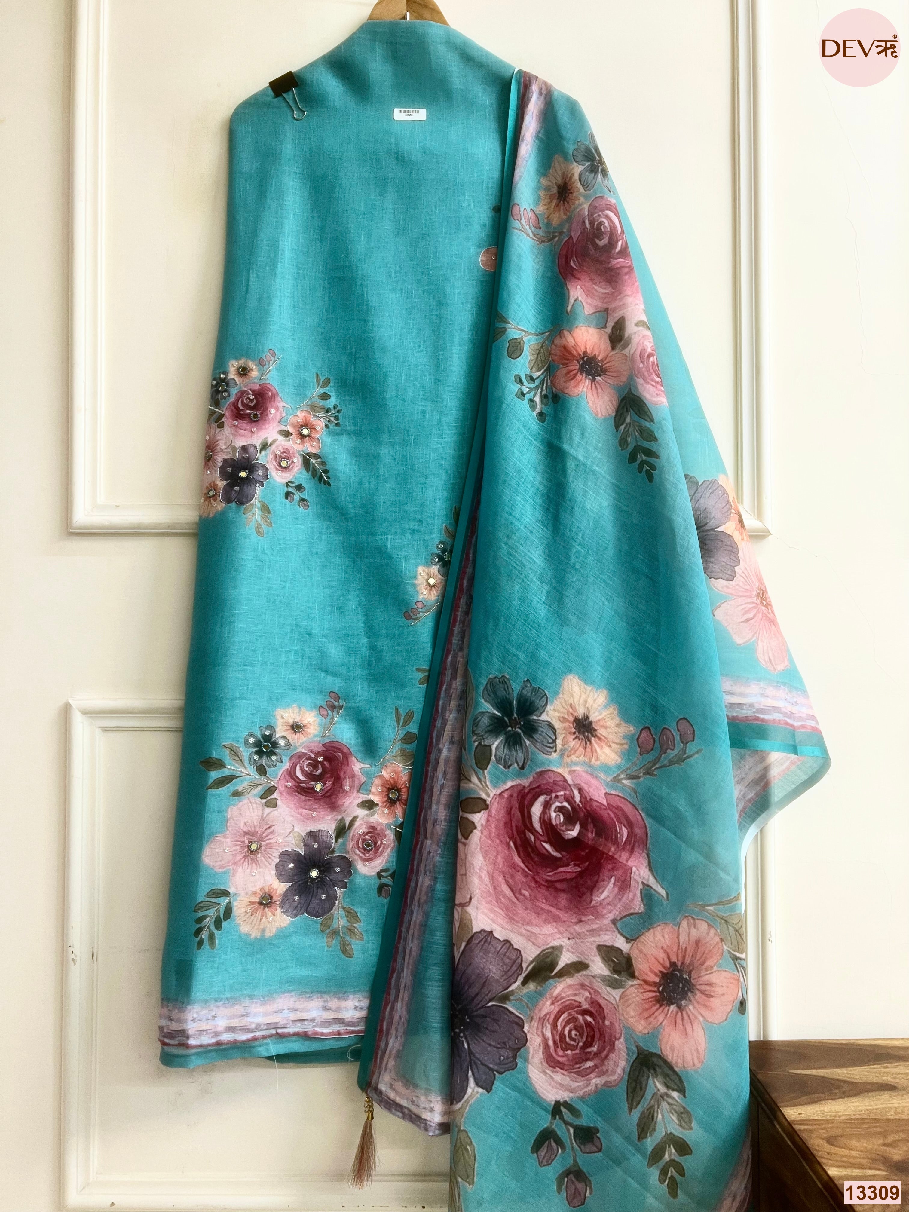 Teal Linen Cotton Printed Unstitched 3-Piece Suit (Devri – D.No 13309)