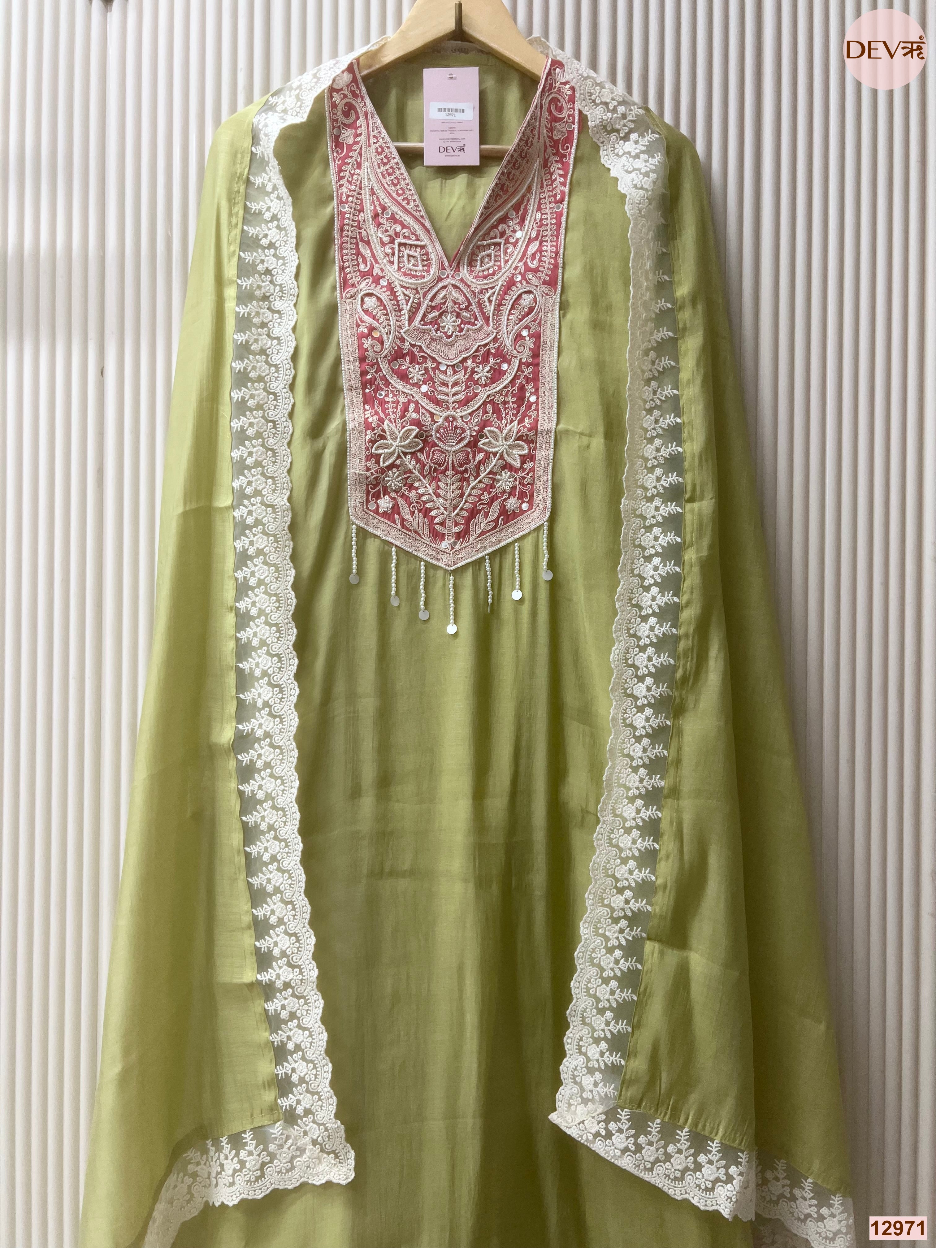 Green Mul Chanderi Embroidered Unstitched 3-Piece Suit (Devri – D.No 12971)