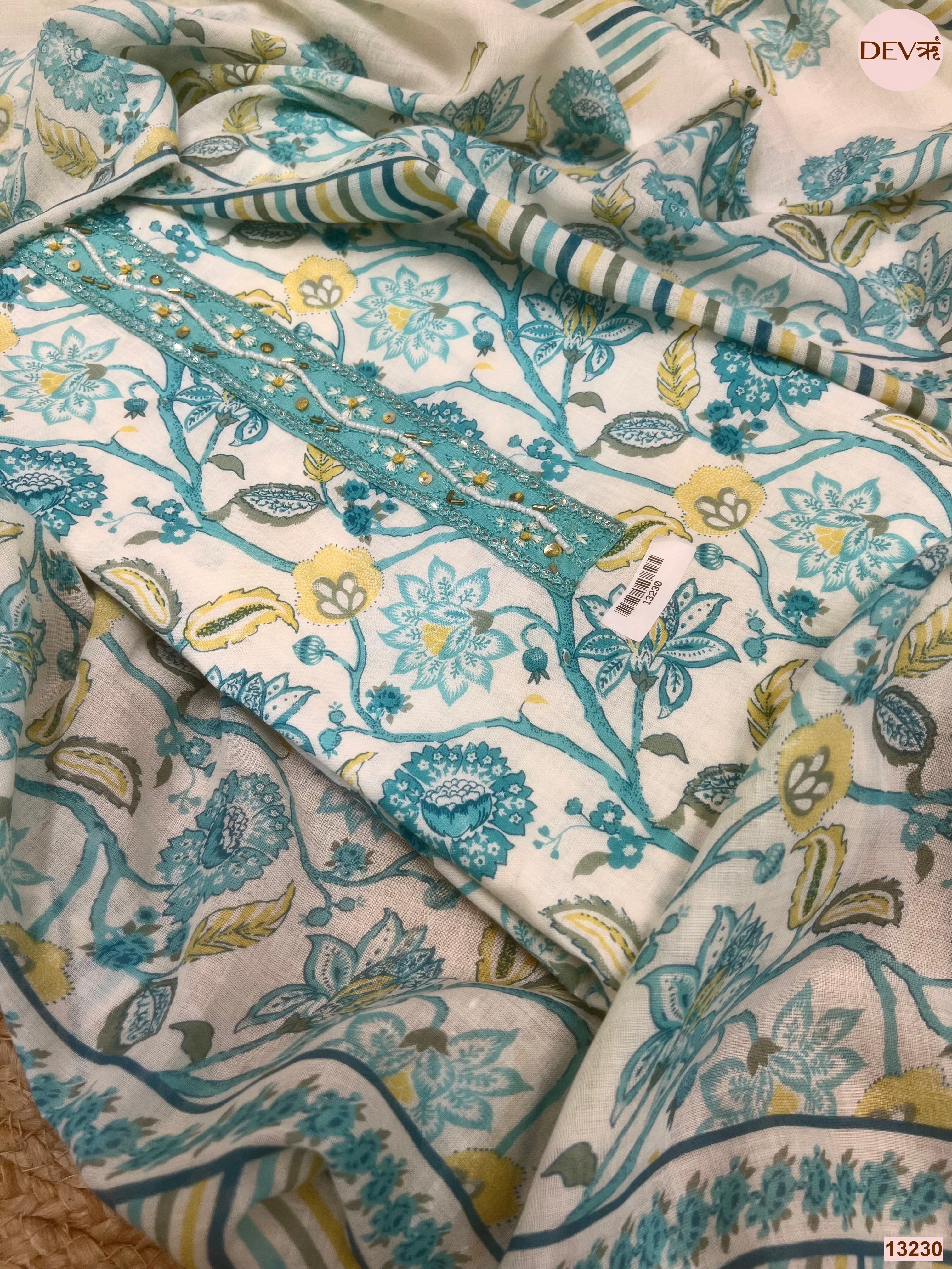 Aqua Cotton Printed Unstitched 3-Piece Suit (Devri – D.No 13230)