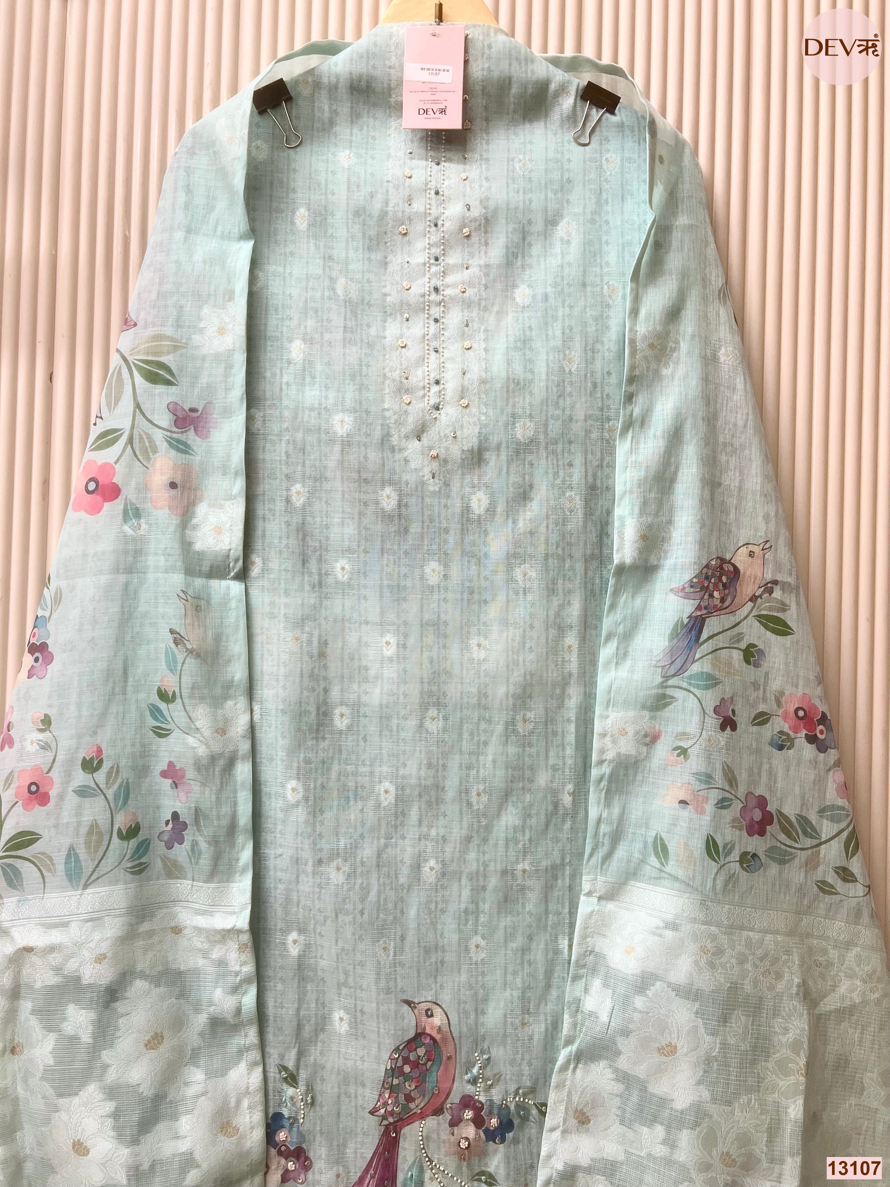 Aqua Linen Cotton Printed Unstitched 3-Piece Suit (Devri – D.No 13107)