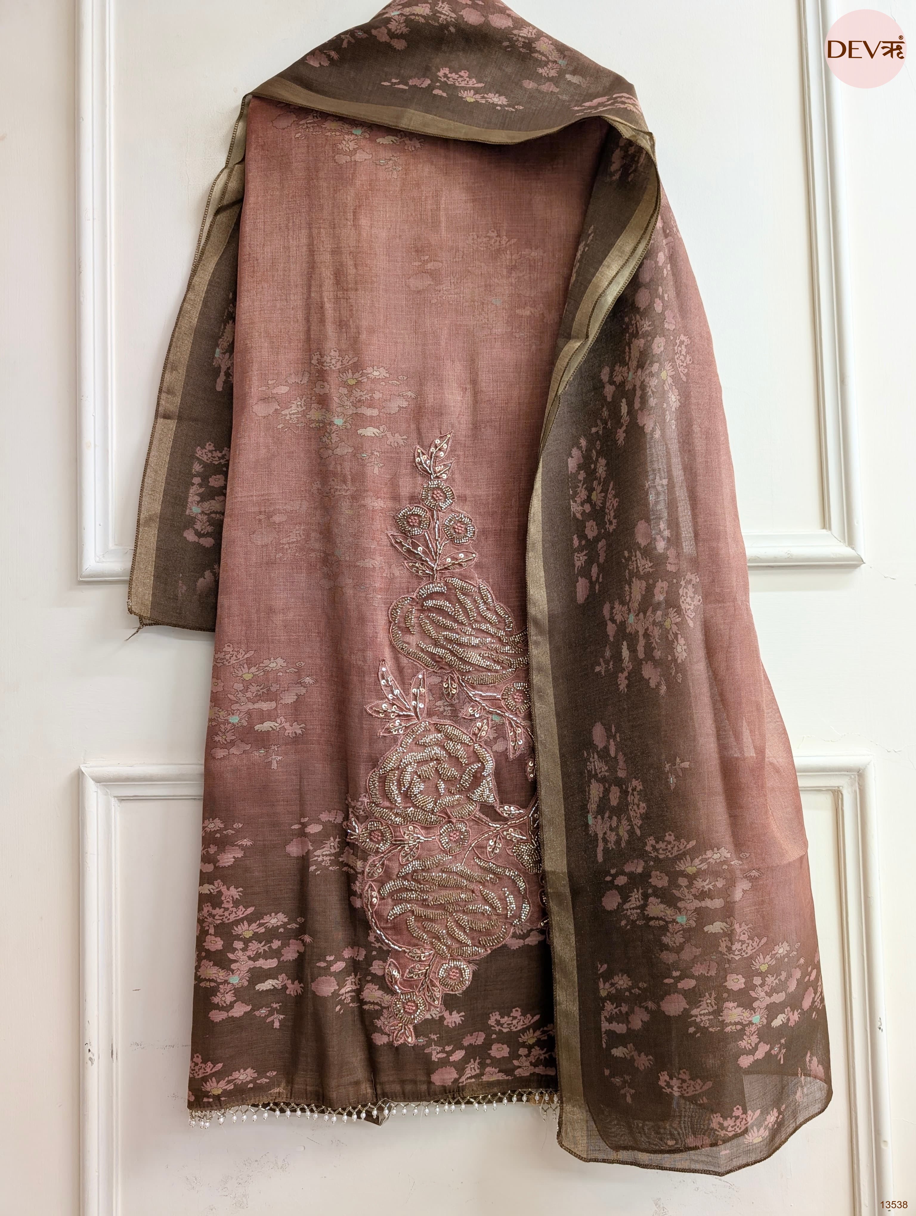 Brown Linen Cotton Printed Unstitched 3-Piece Suit (Devri – D.No 13538)