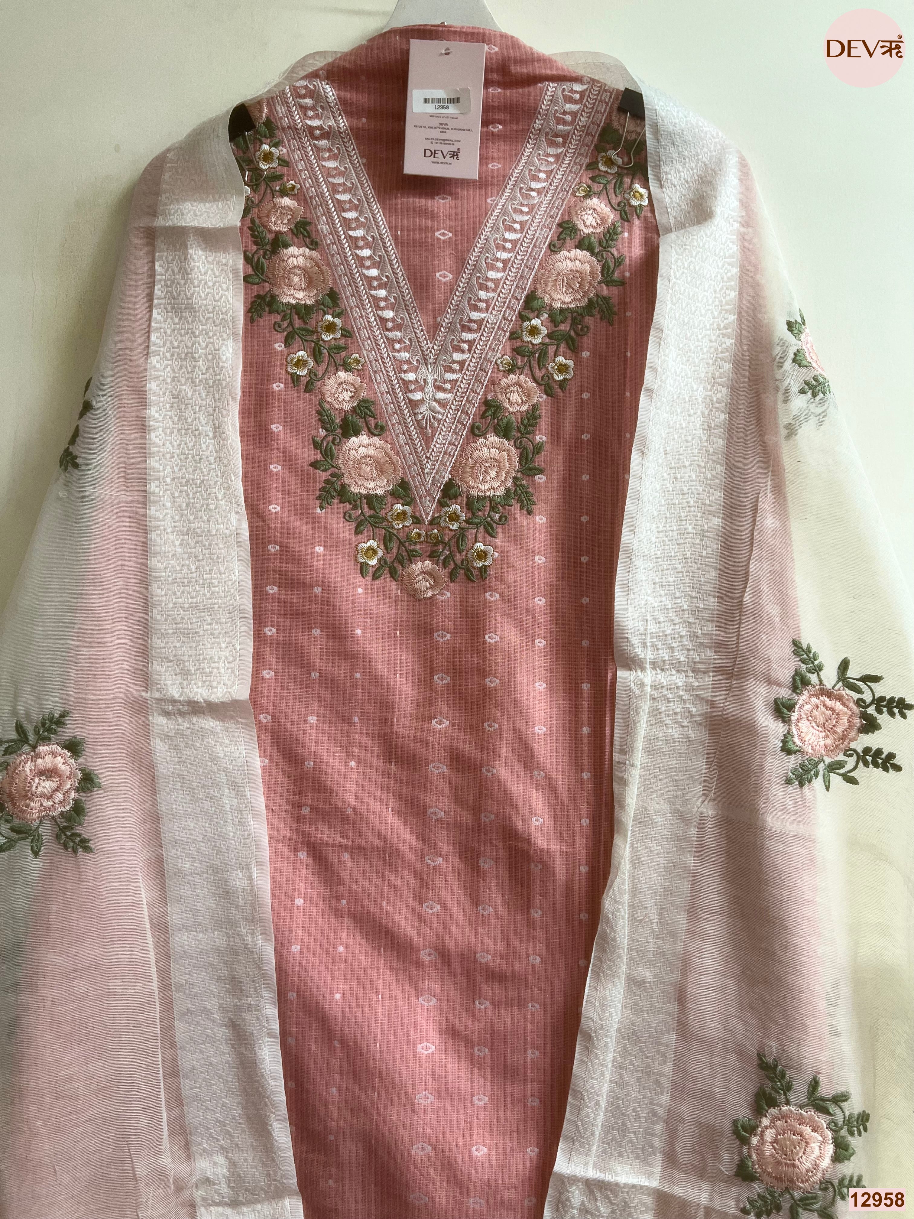 Pink Cotton Handloom Embroidered Unstitched 3-Piece Suit (Devri – D.No 12958)