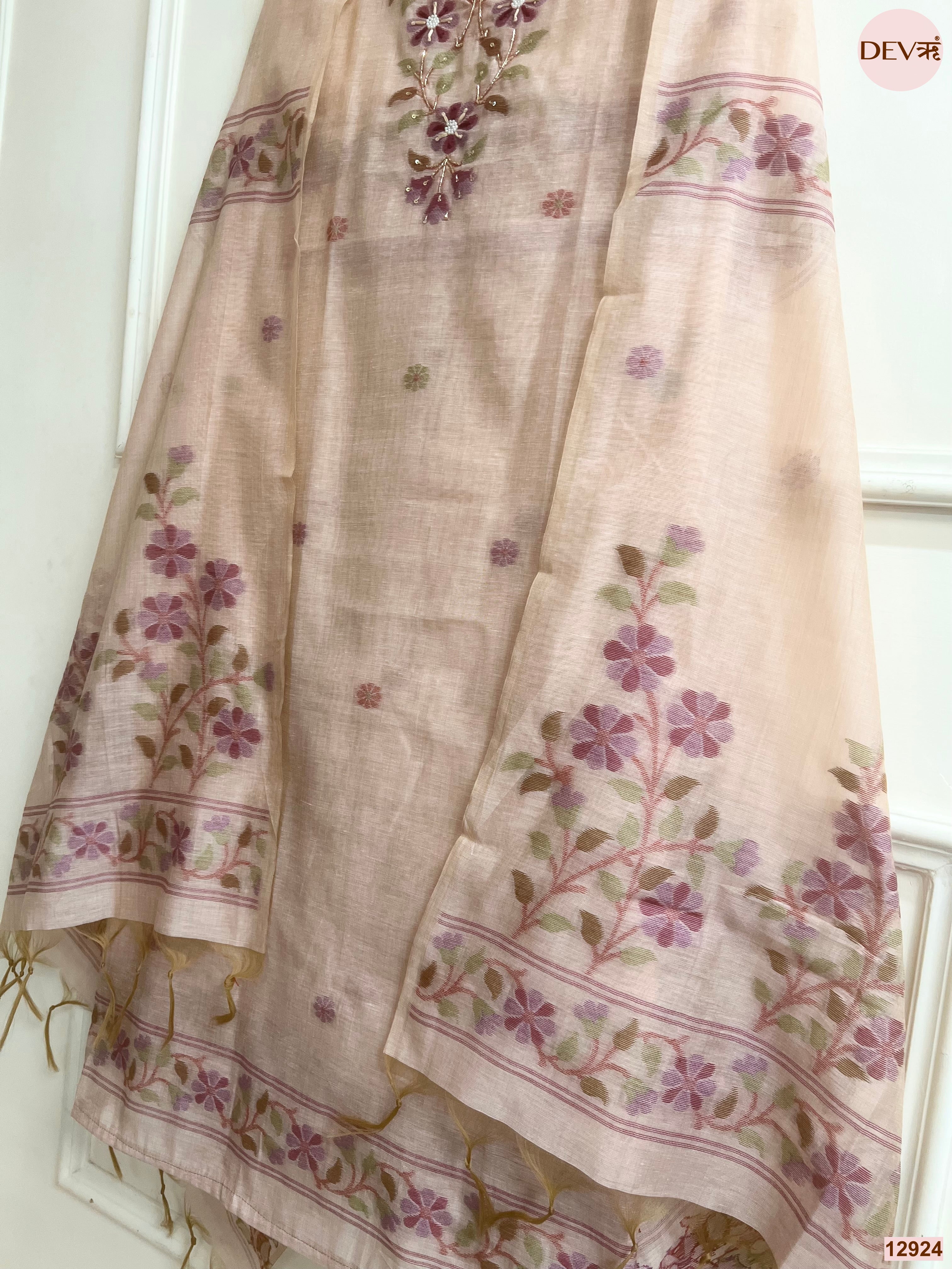 Peach Jamdani Cotton Embroidered Unstitched 3-Piece Suit (Devri – D.No 12924)