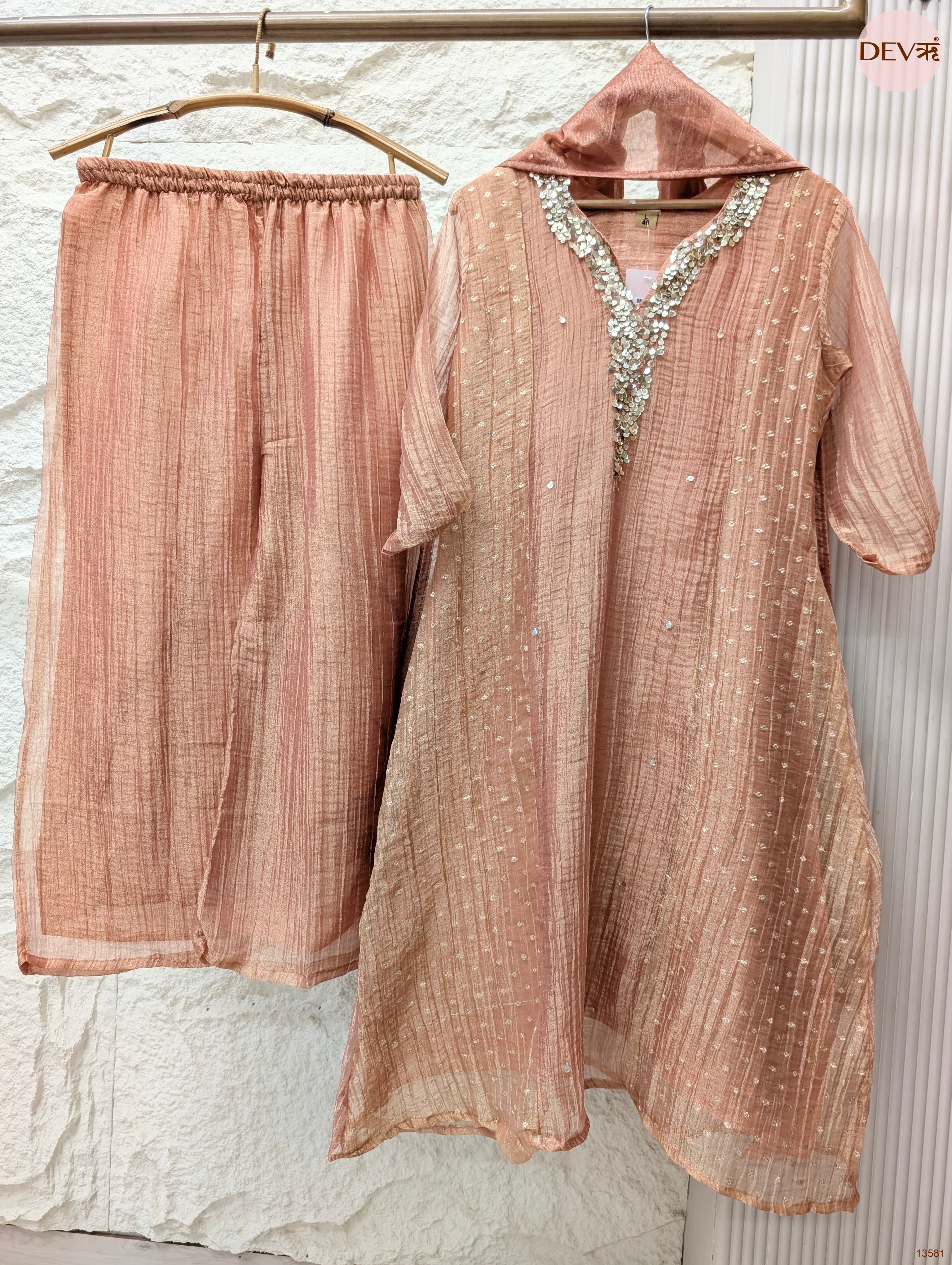 Gulnaar Tissue crush silk Embroidered Peach 3-Piece Set (Devri – D.No 13581)