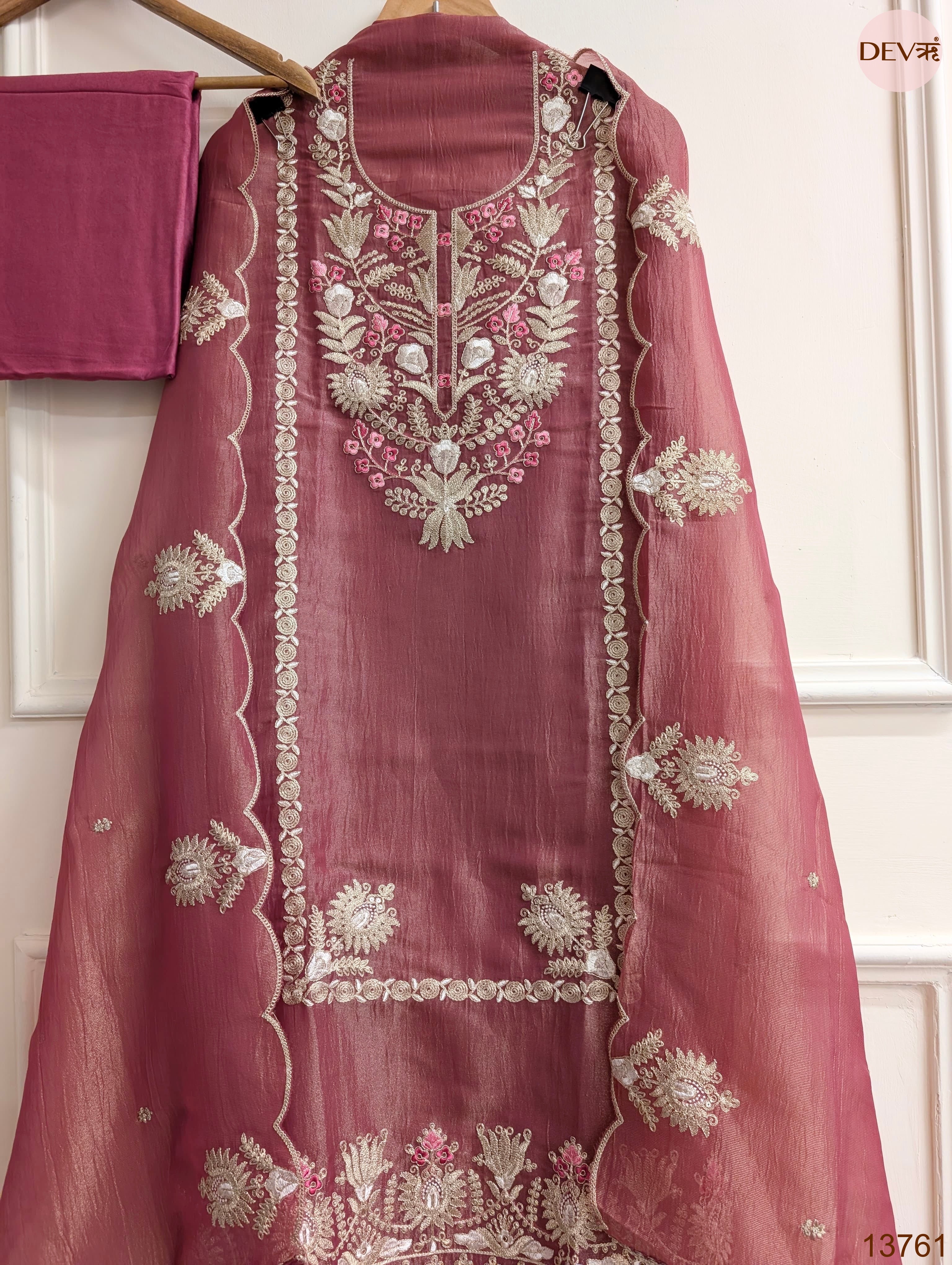 Mauve Pure Tissue Silk Embroidered Unstitched 3-Piece Suit (Devri – D.No 13761)