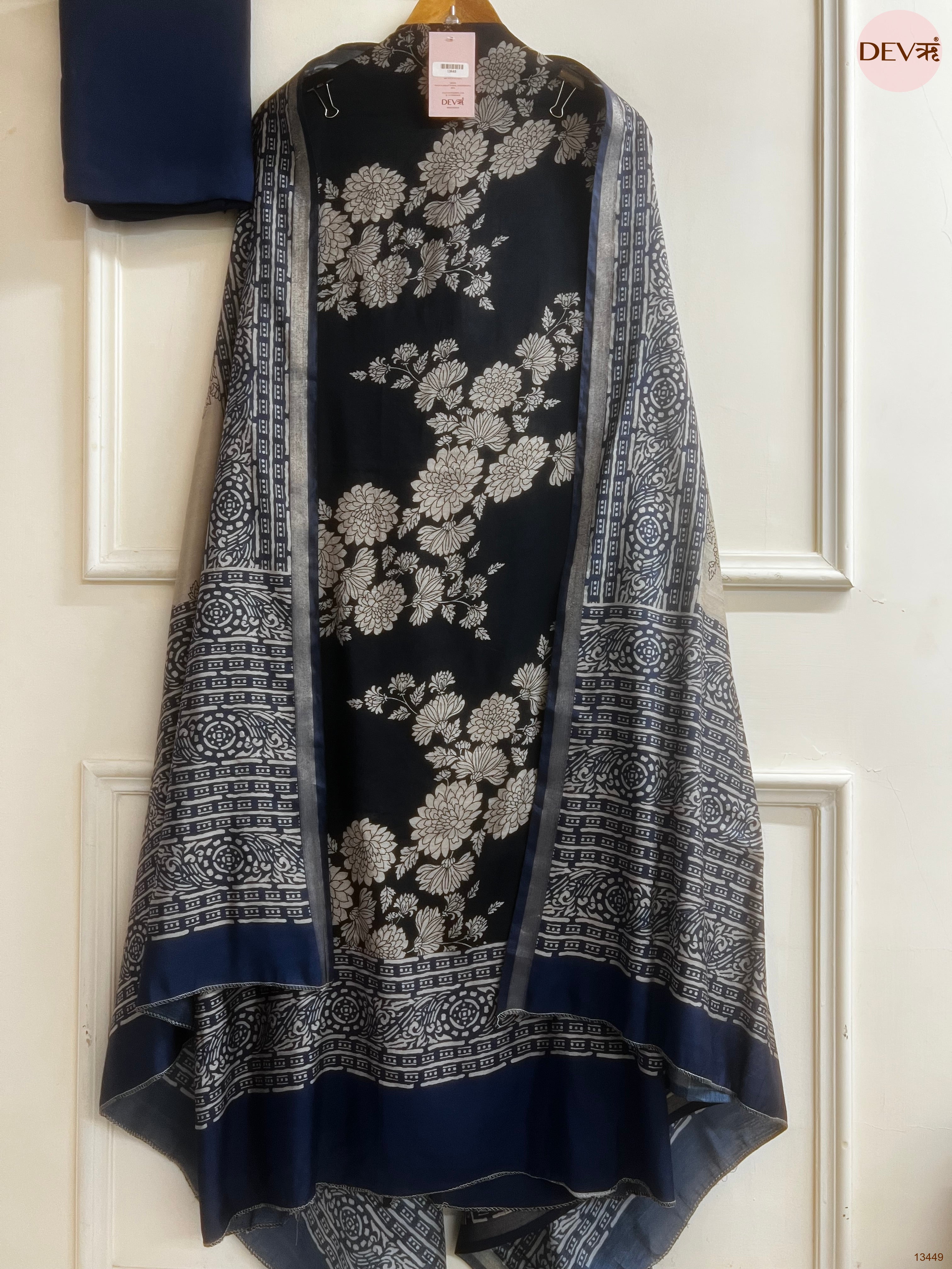 Navy Maheshwari Silk Printed Unstitched 3-Piece Suit (Devri – D.No 13449)