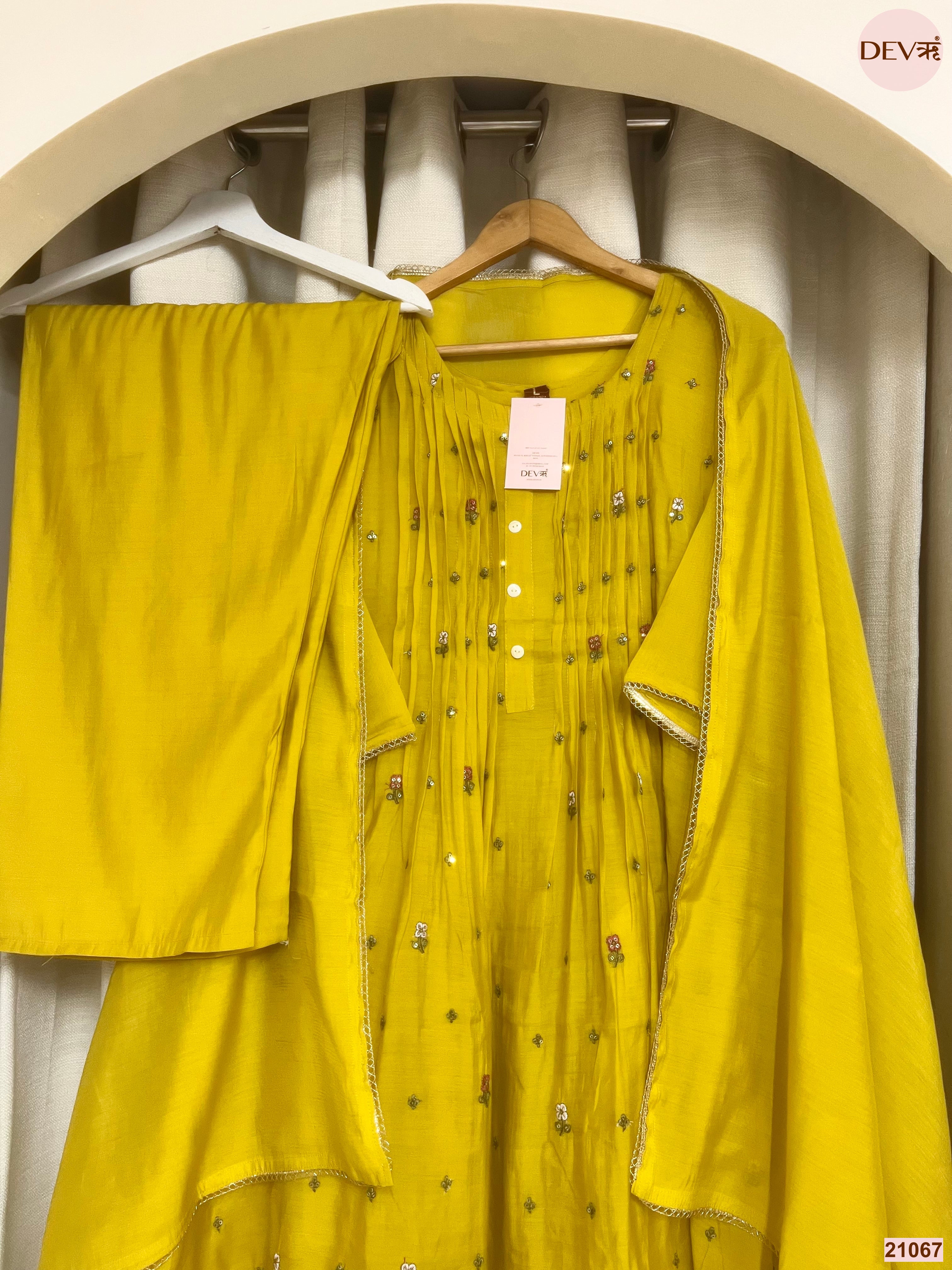 Gulnaar Mul Chanderi Embroidered Yellow 3-Piece Set (Devri – D.No 21067)