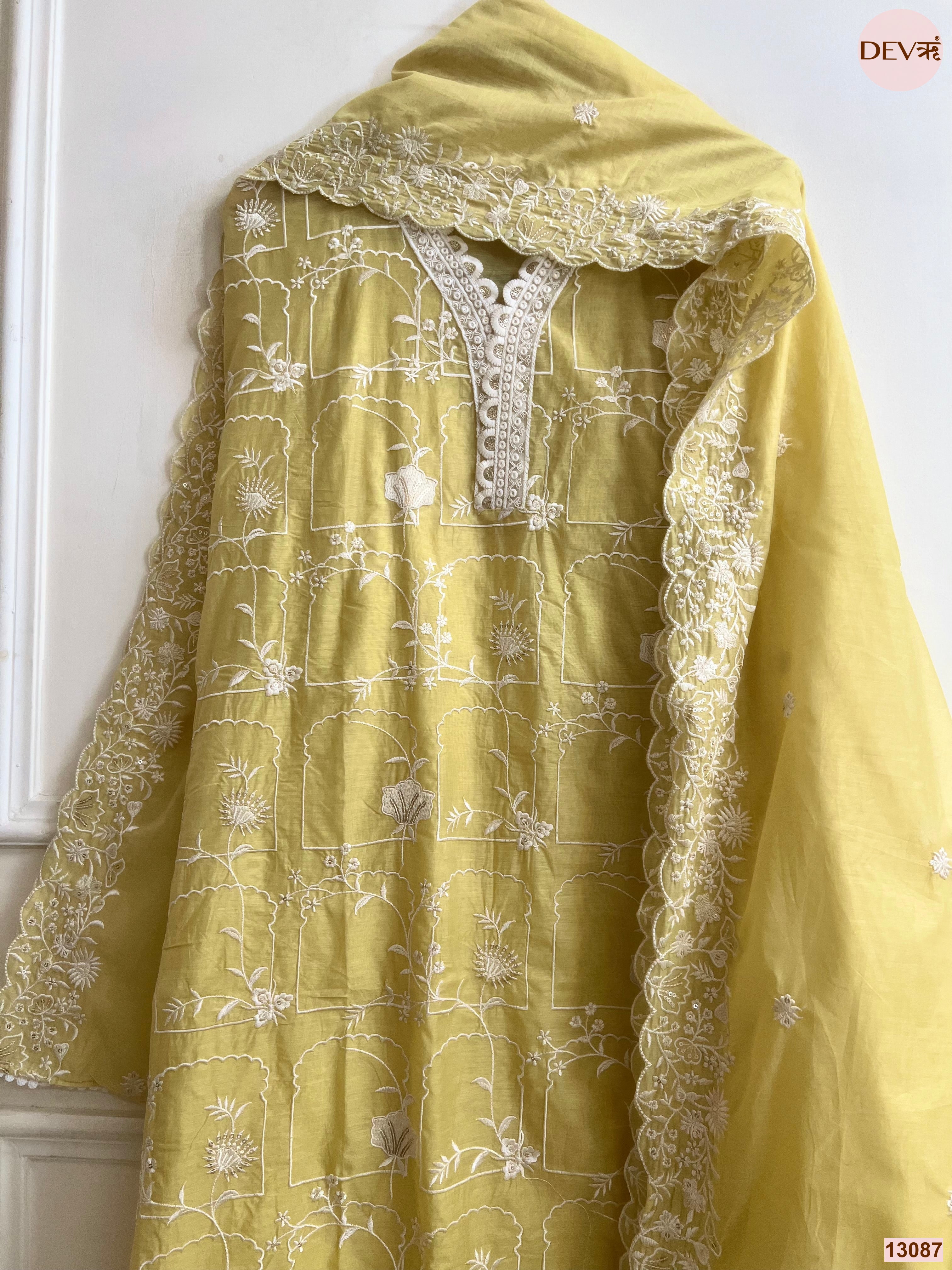 Yellow Mul Chanderi Embroidered Unstitched 3-Piece Suit (Devri – D.No 13087)