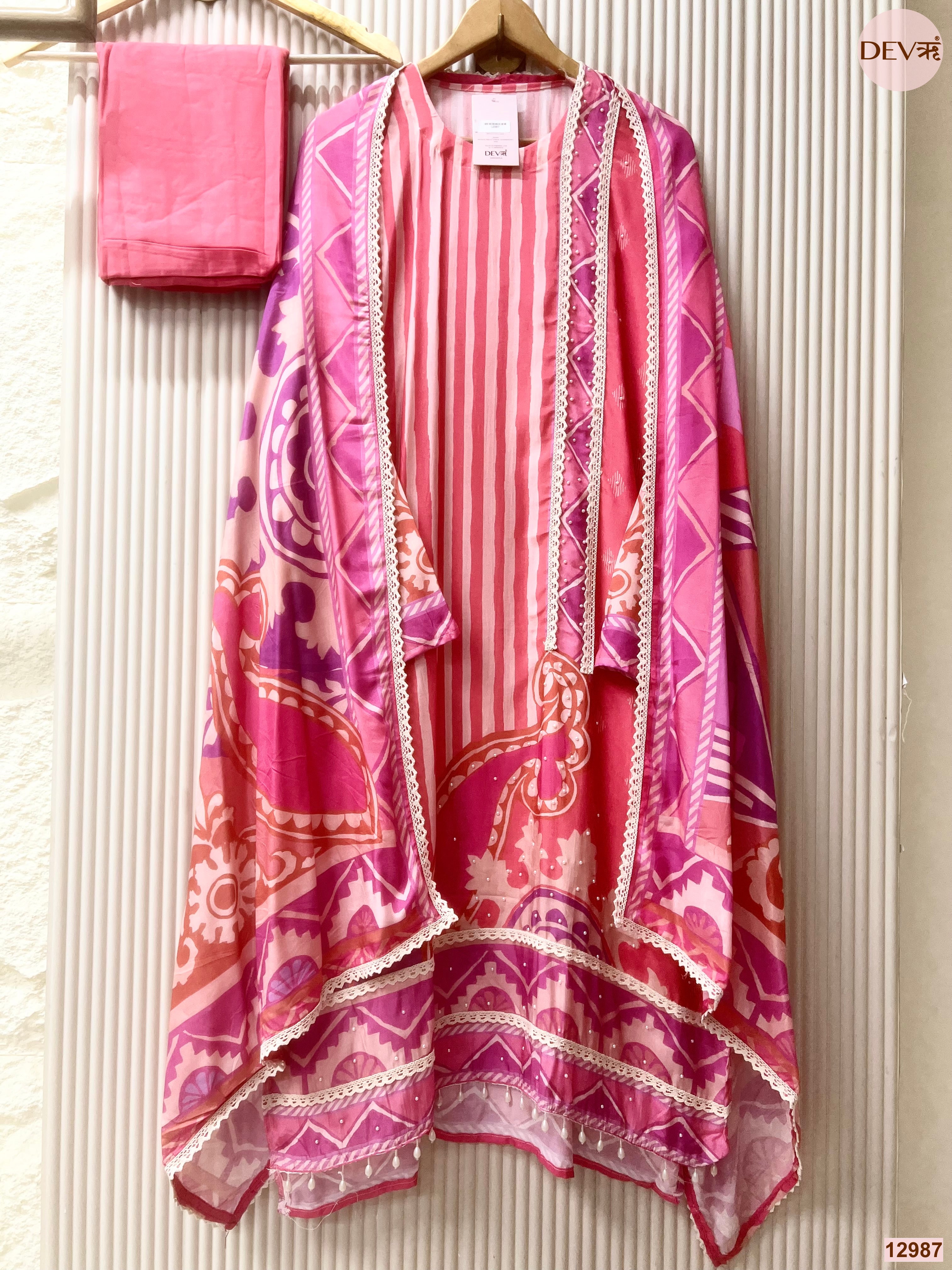 Pink Muslin Printed Unstitched 3-Piece Suit (Devri – D.No 12987)