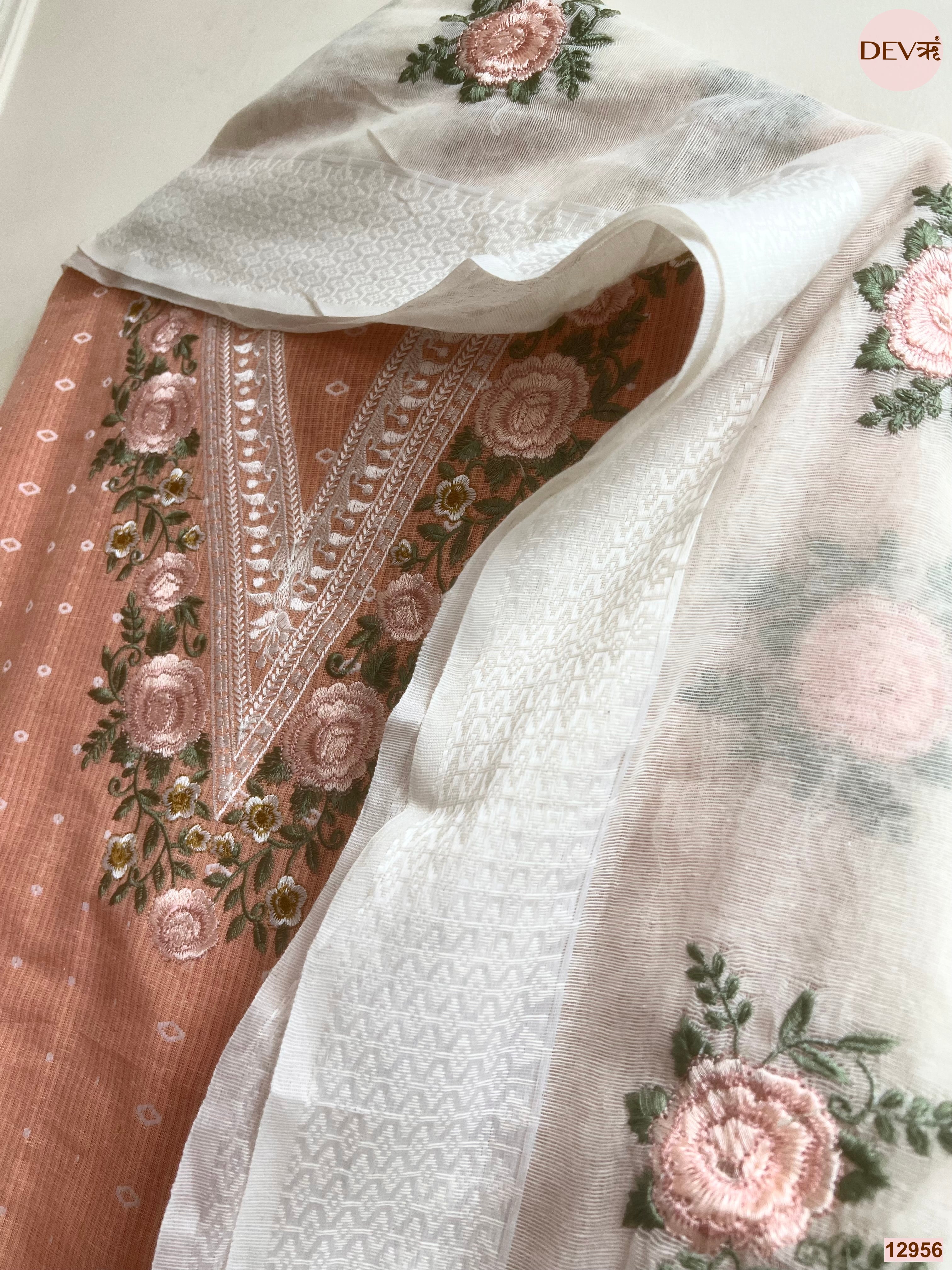 Peach Cotton Handloom Embroidered Unstitched 3-Piece Suit (Devri – D.No 12956)