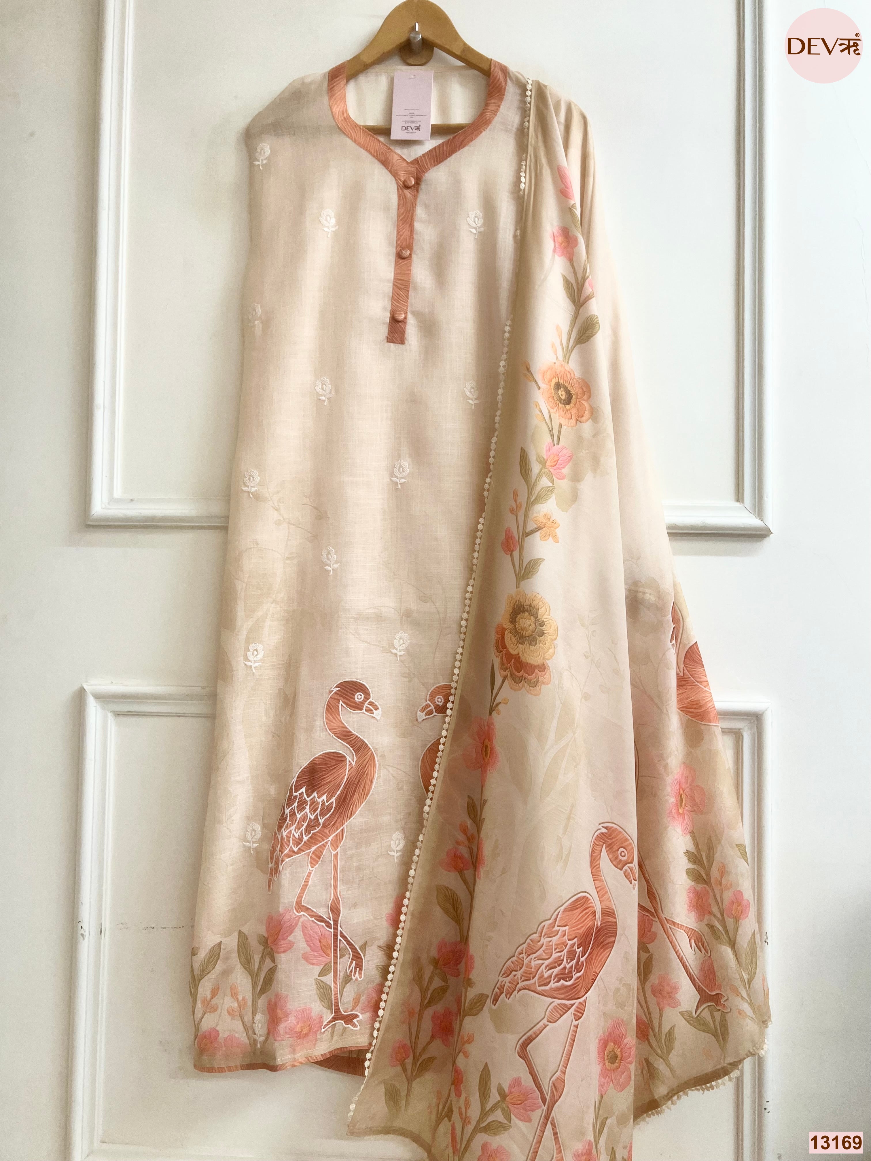 Beige Linen Cotton Printed Unstitched 3-Piece Suit (Devri – D.No 13169)