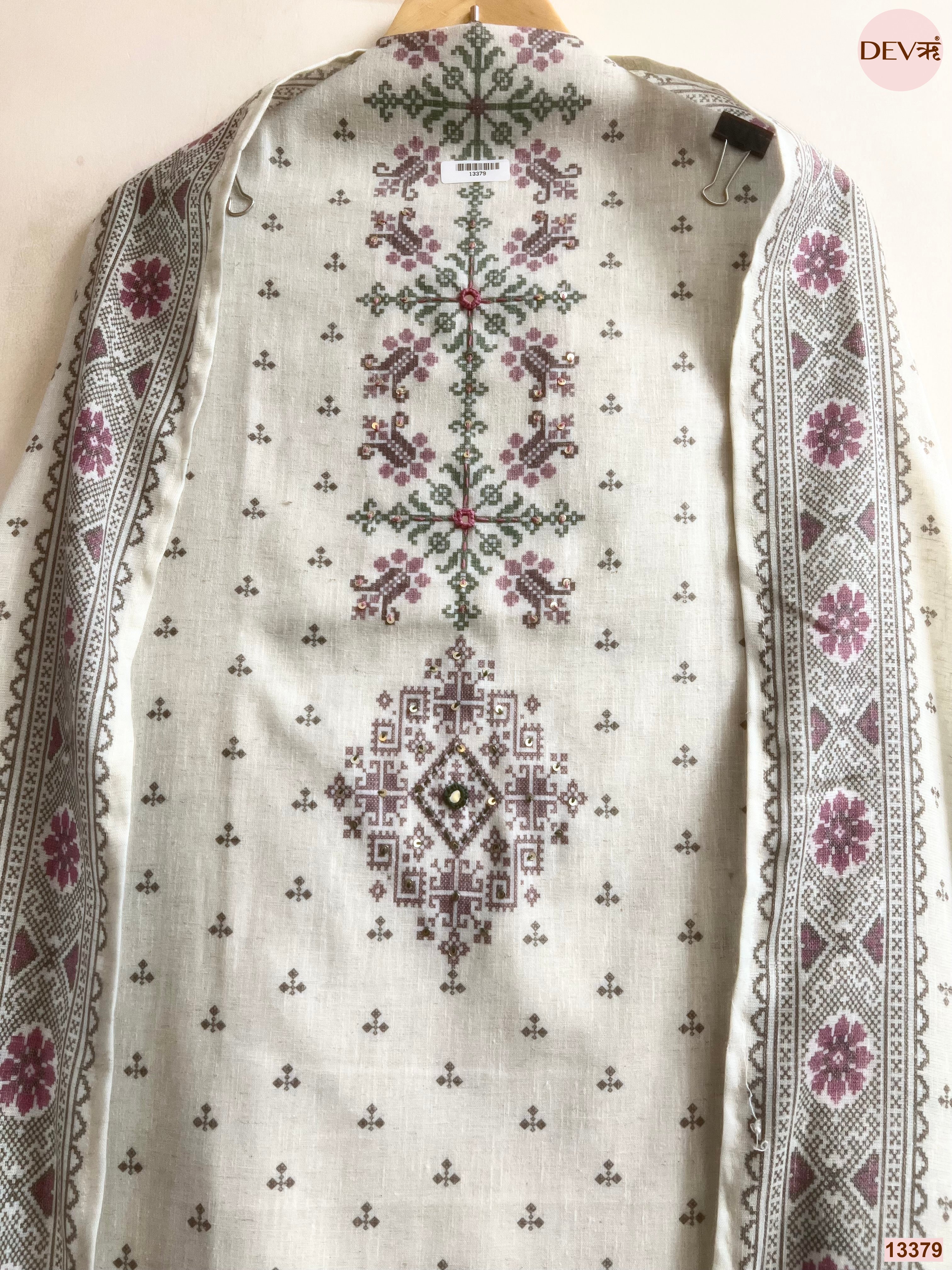 Off White Khadi Cotton Printed Unstitched 3-Piece Suit (Devri – D.No 13379)