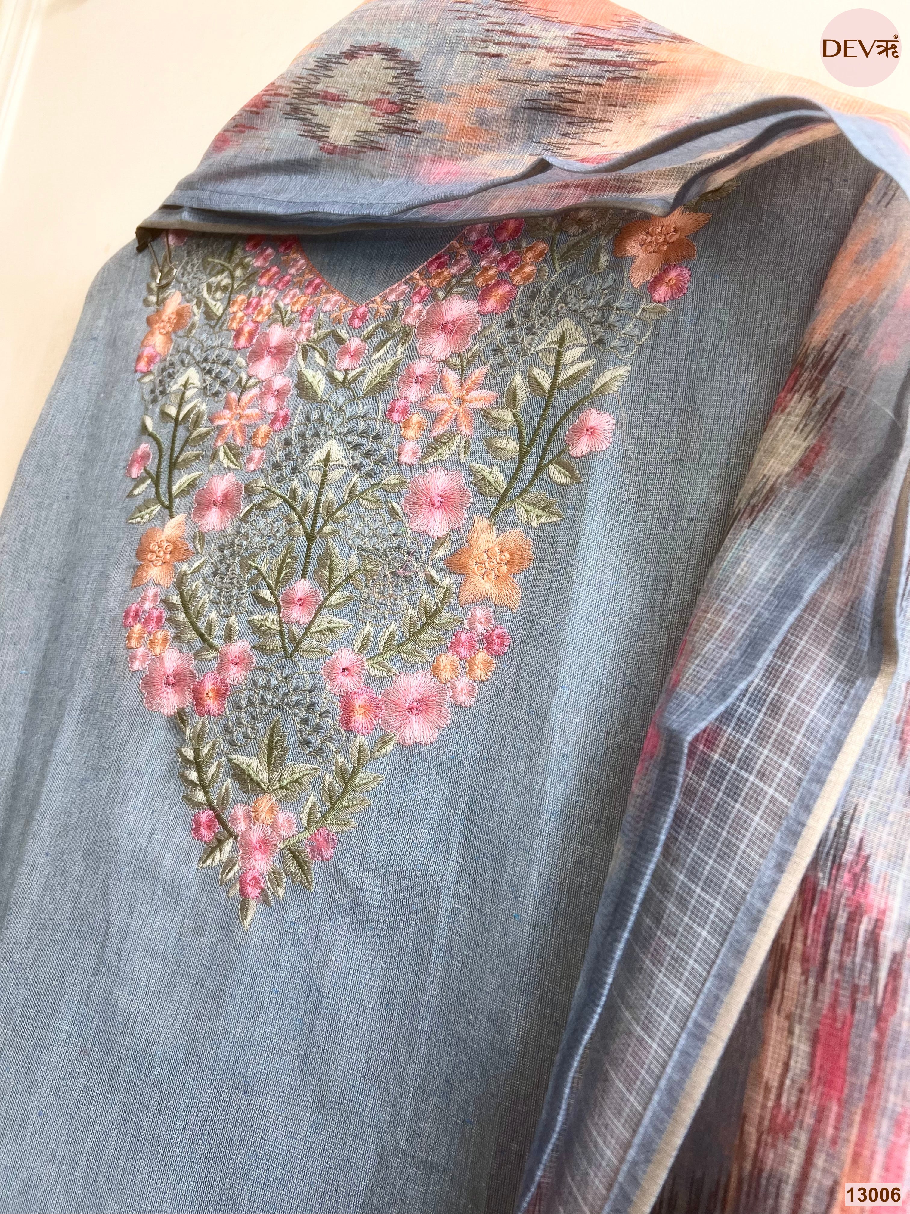 Blue Cotton Handloom Embroidered Unstitched 3-Piece Suit (Devri – D.No 13006)