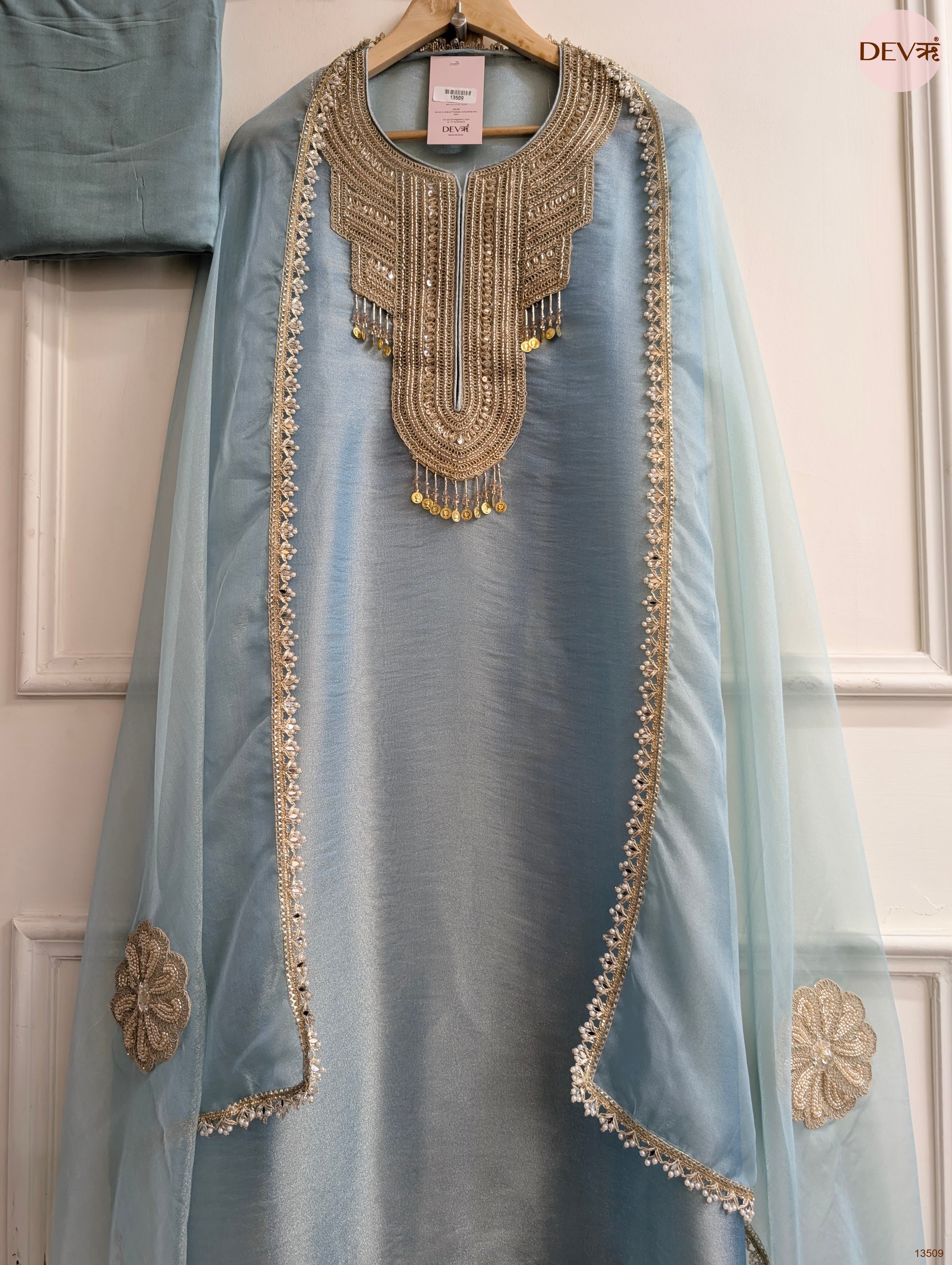 Blue Tissue Silk Embroidered Unstitched 3-Piece Suit (Devri – D.No 13509)