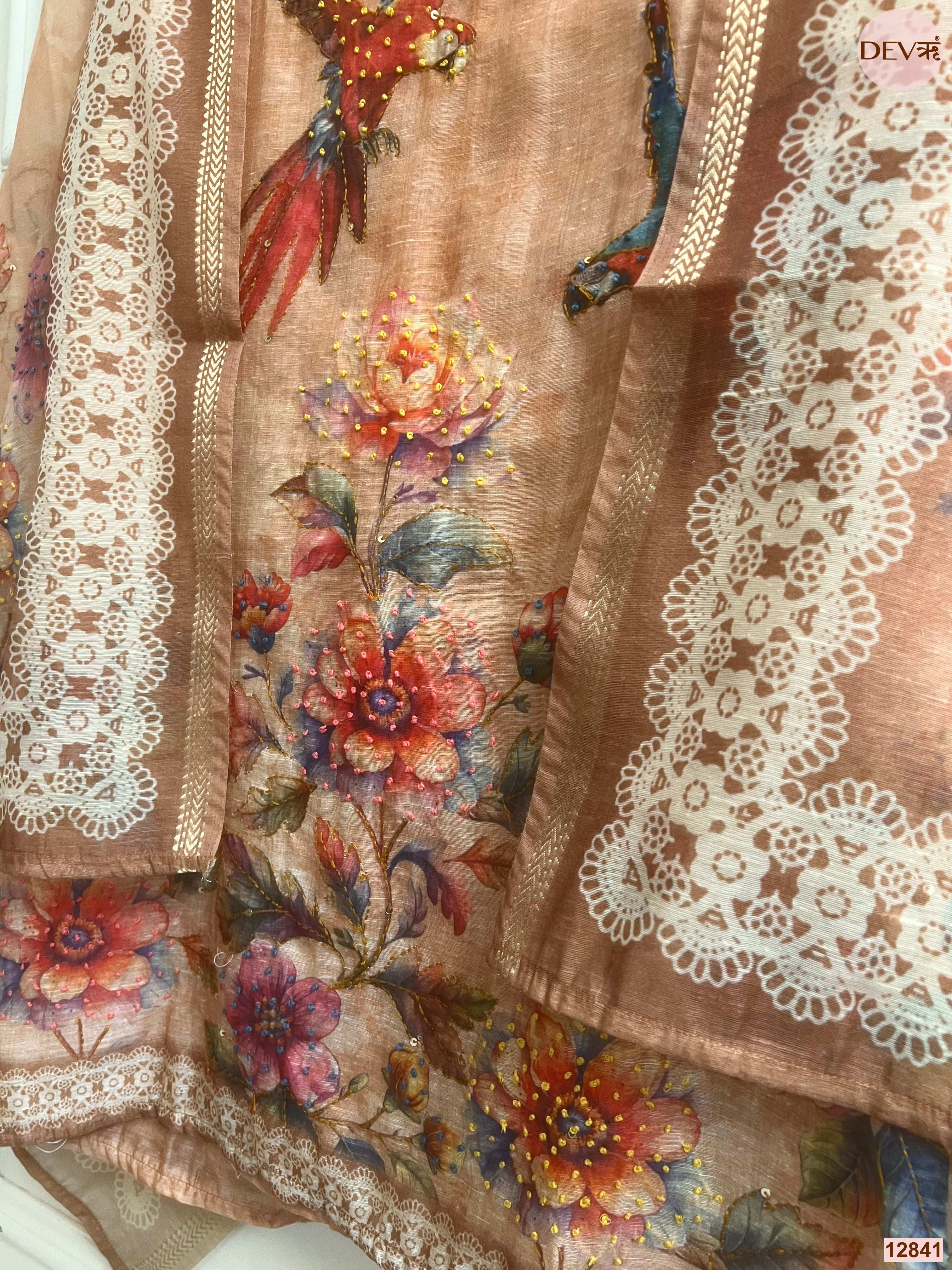 Peach Mul Chanderi Printed Unstitched 3-Piece Suit (Devri – D.No 12841)