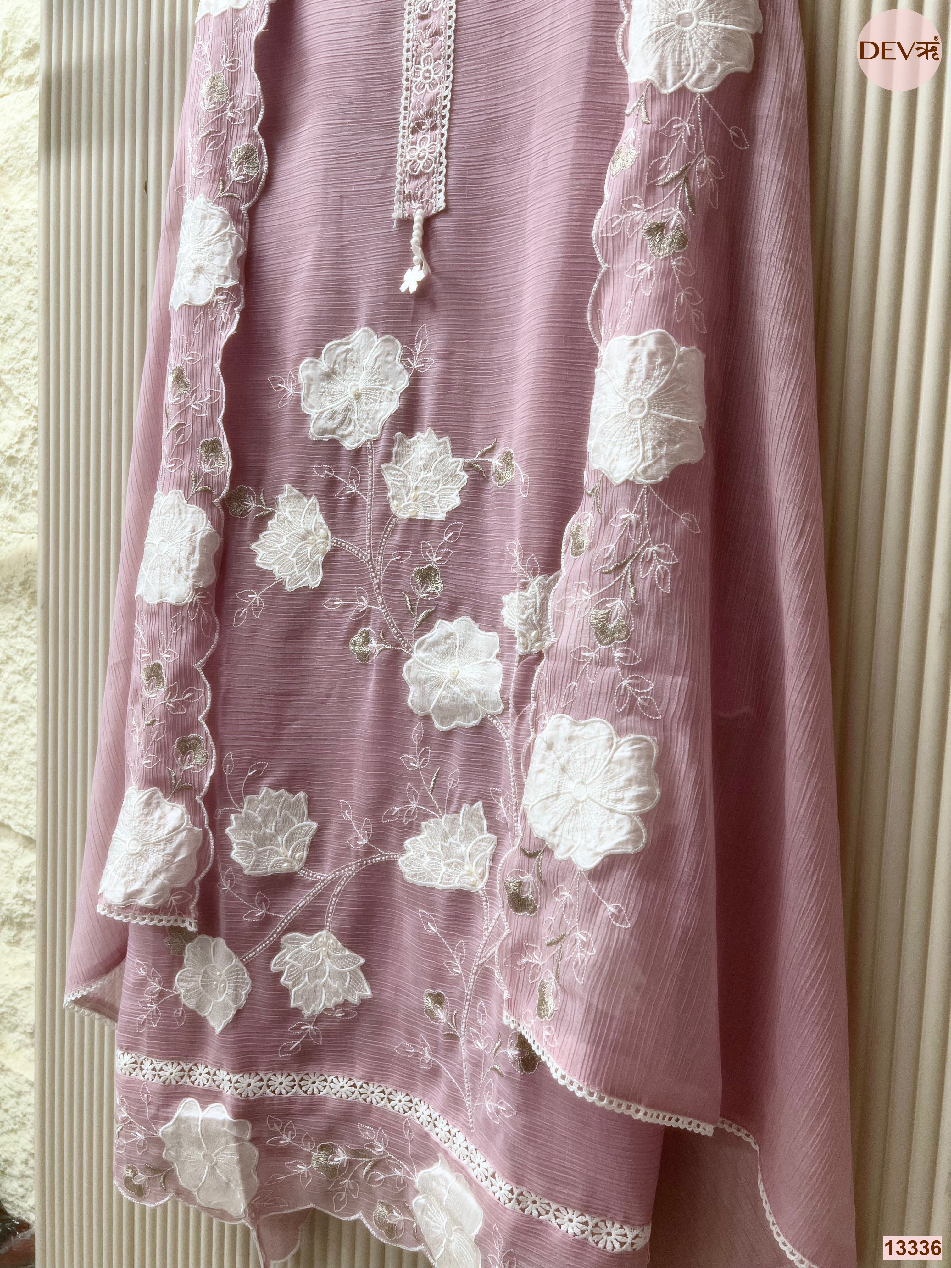 Pink Mul Chanderi Crush Embroidered Unstitched 3-Piece Suit (Devri – D.No 13336)