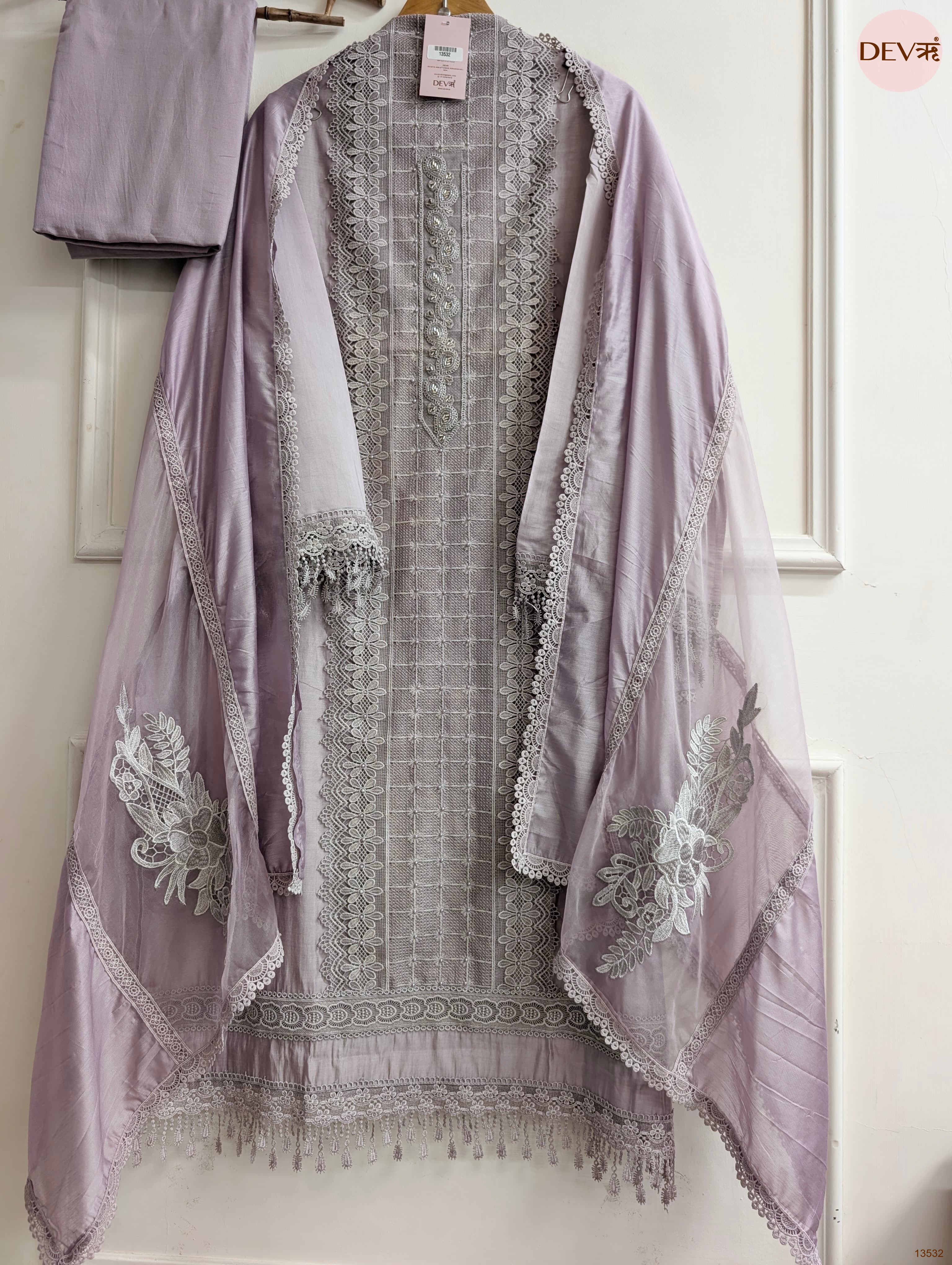 Lilac Modal Silk Embroidered Unstitched 3-Piece Suit (Devri – D.No 13532)