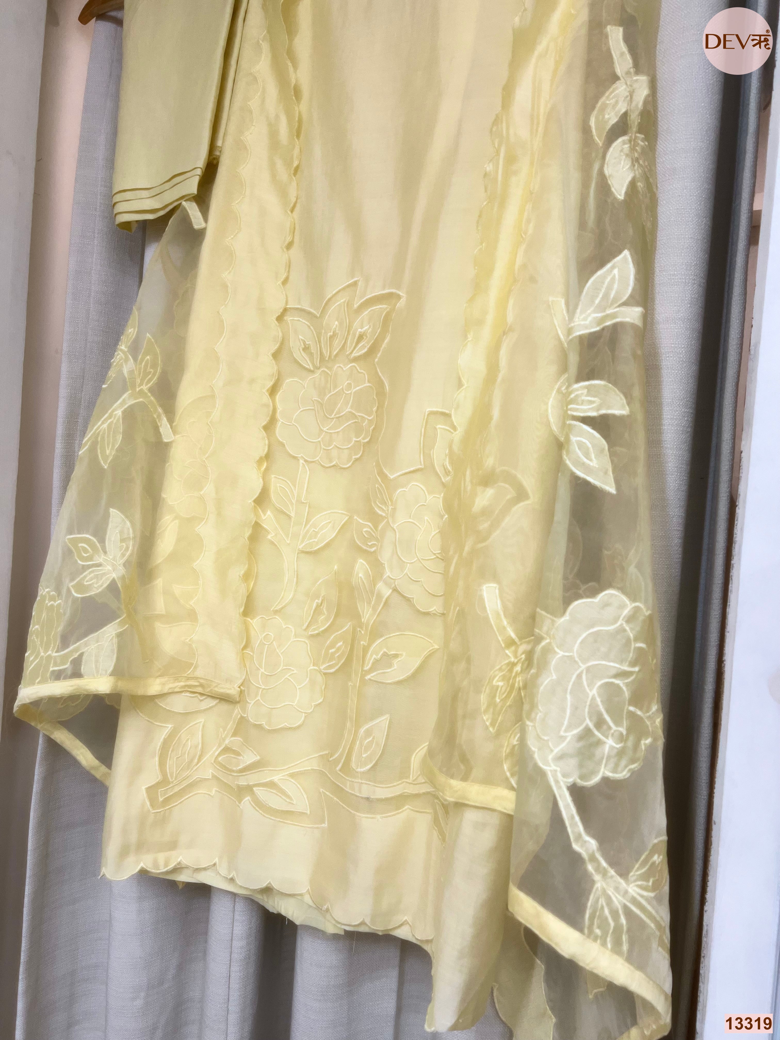 Yellow Roman Silk Embroidered Unstitched 3-Piece Suit (Devri – D.No 13319)