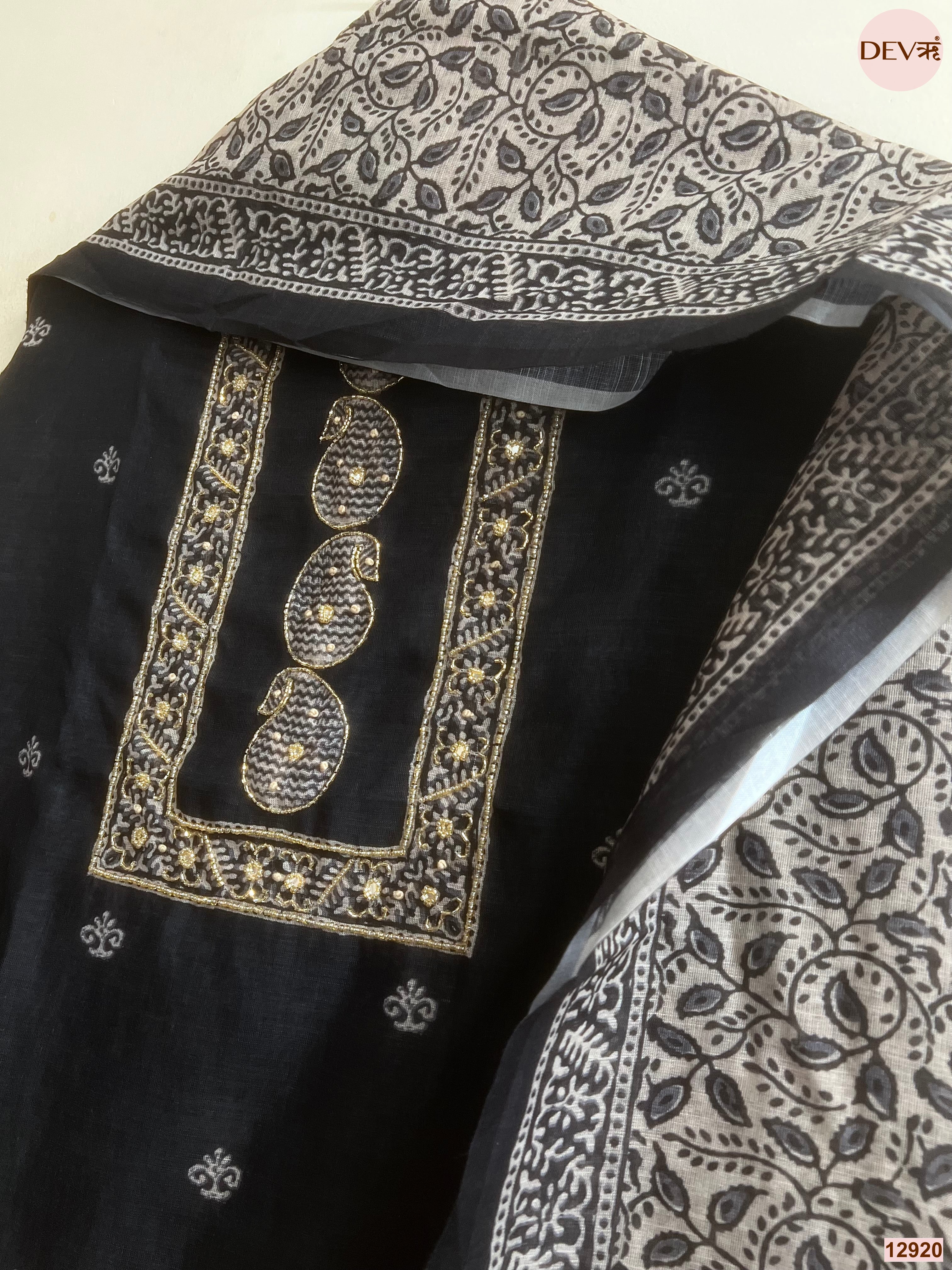 Black Linen Cotton Printed Unstitched 3-Piece Suit (Devri – D.No 12920)