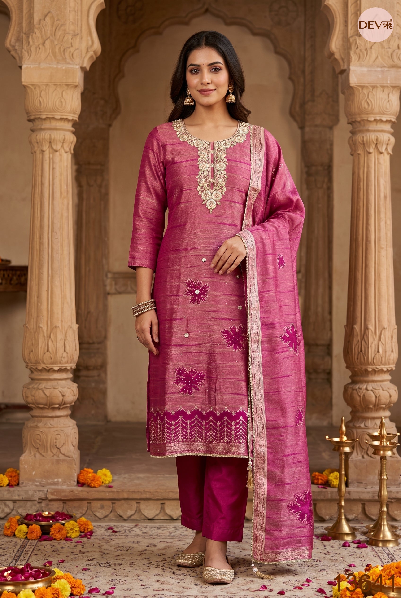 Pink Pure Giraffe Banarasi Silk Embroidered Unstitched 3-Piece Suit (Devri – D.No 13641)