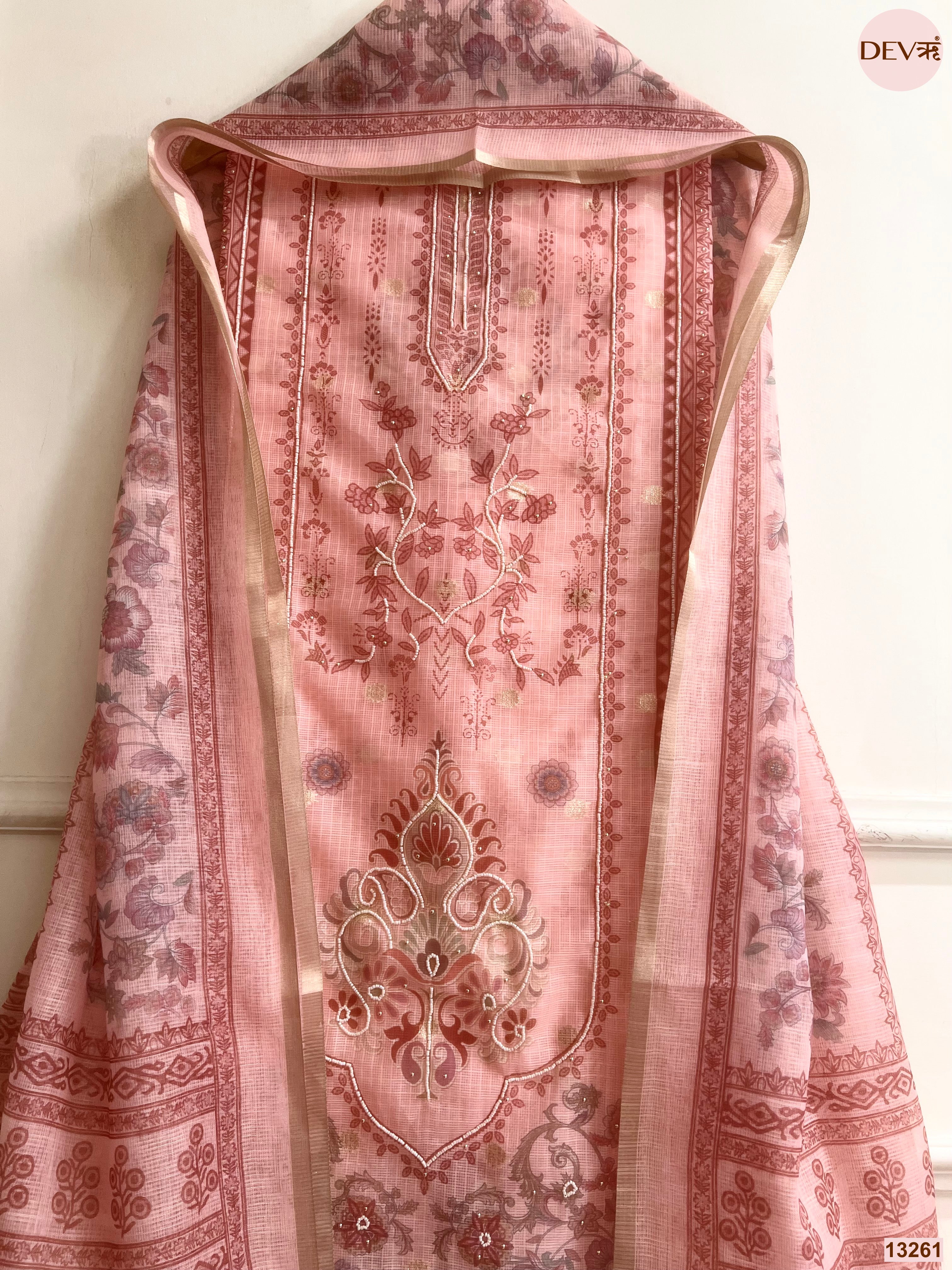 Pink Kota Printed Unstitched 3-Piece Suit (Devri – D.No 13261)