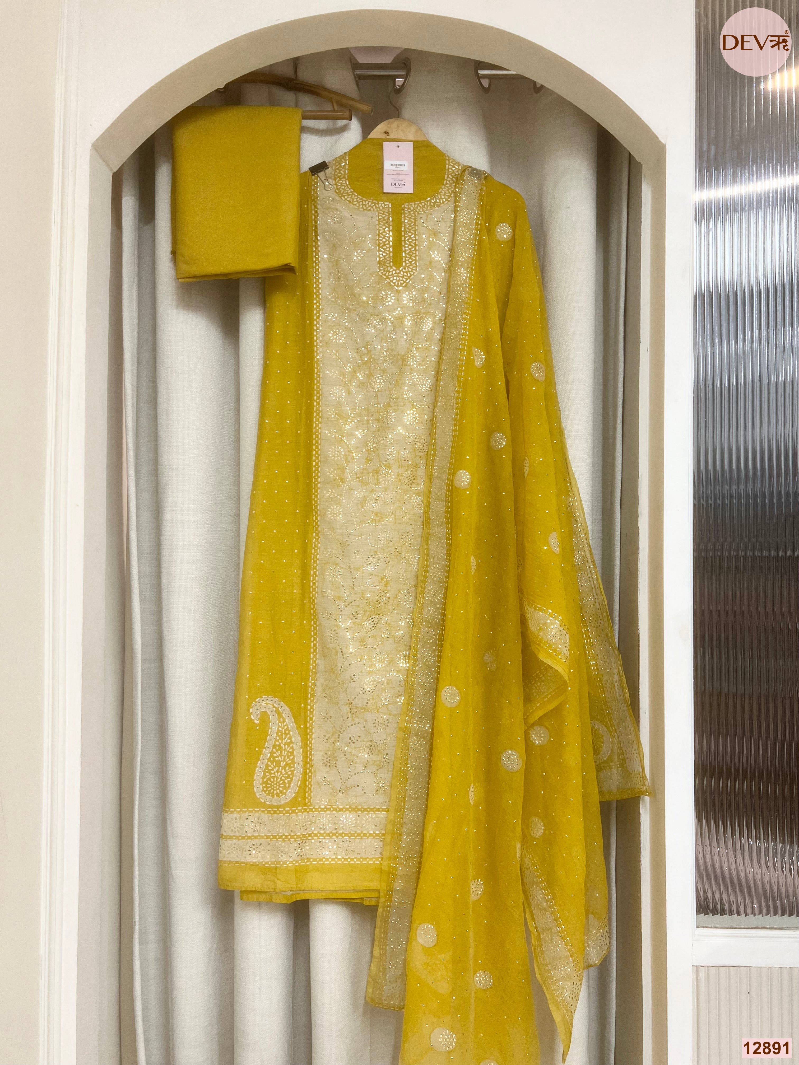 Yellow Mul Chanderi Printed Unstitched 3-Piece Suit (Devri – D.No 12891)