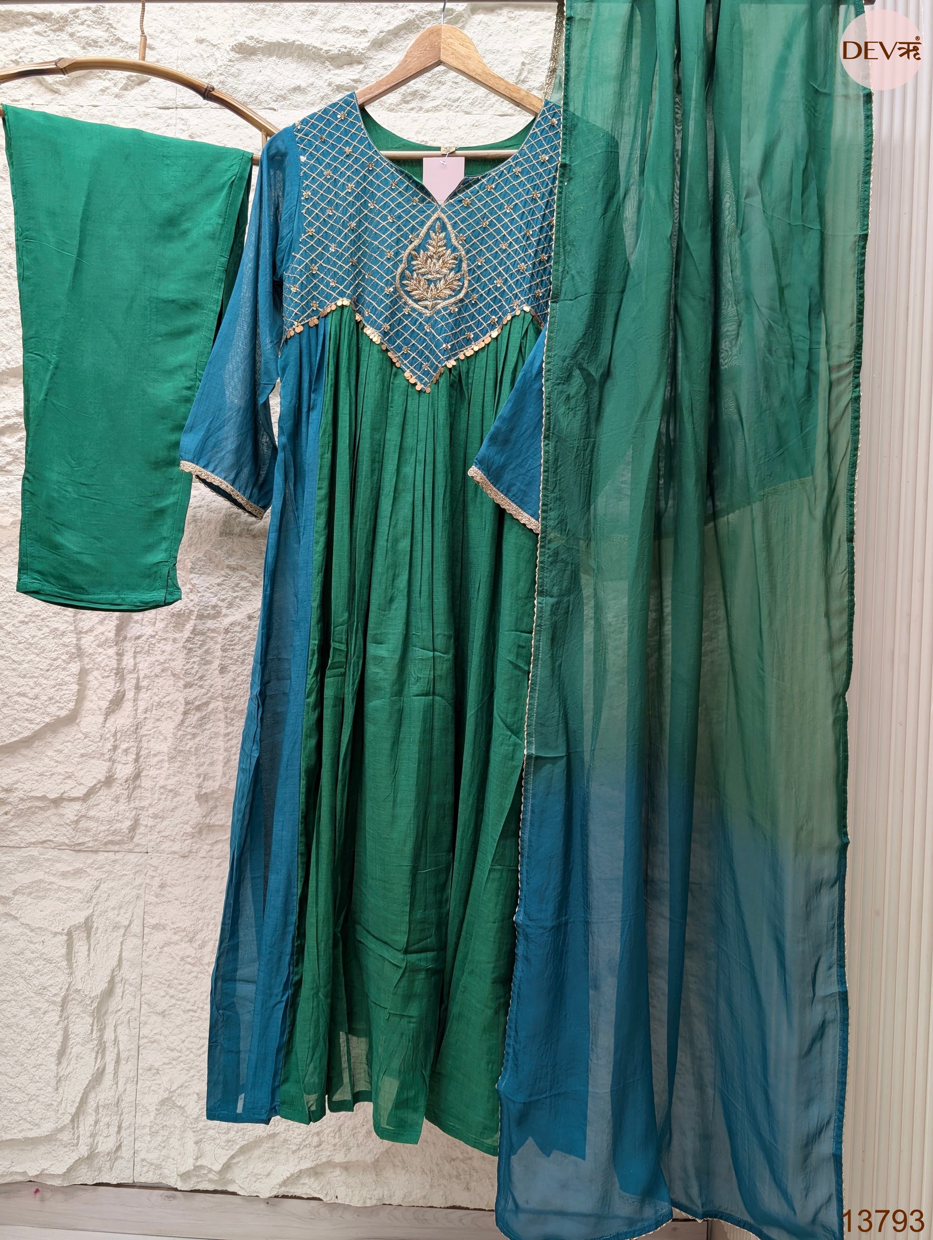 Zarmina Mul Chanderi Embroidered Teal Green 3-Piece Set (Devri – D.No 13793)