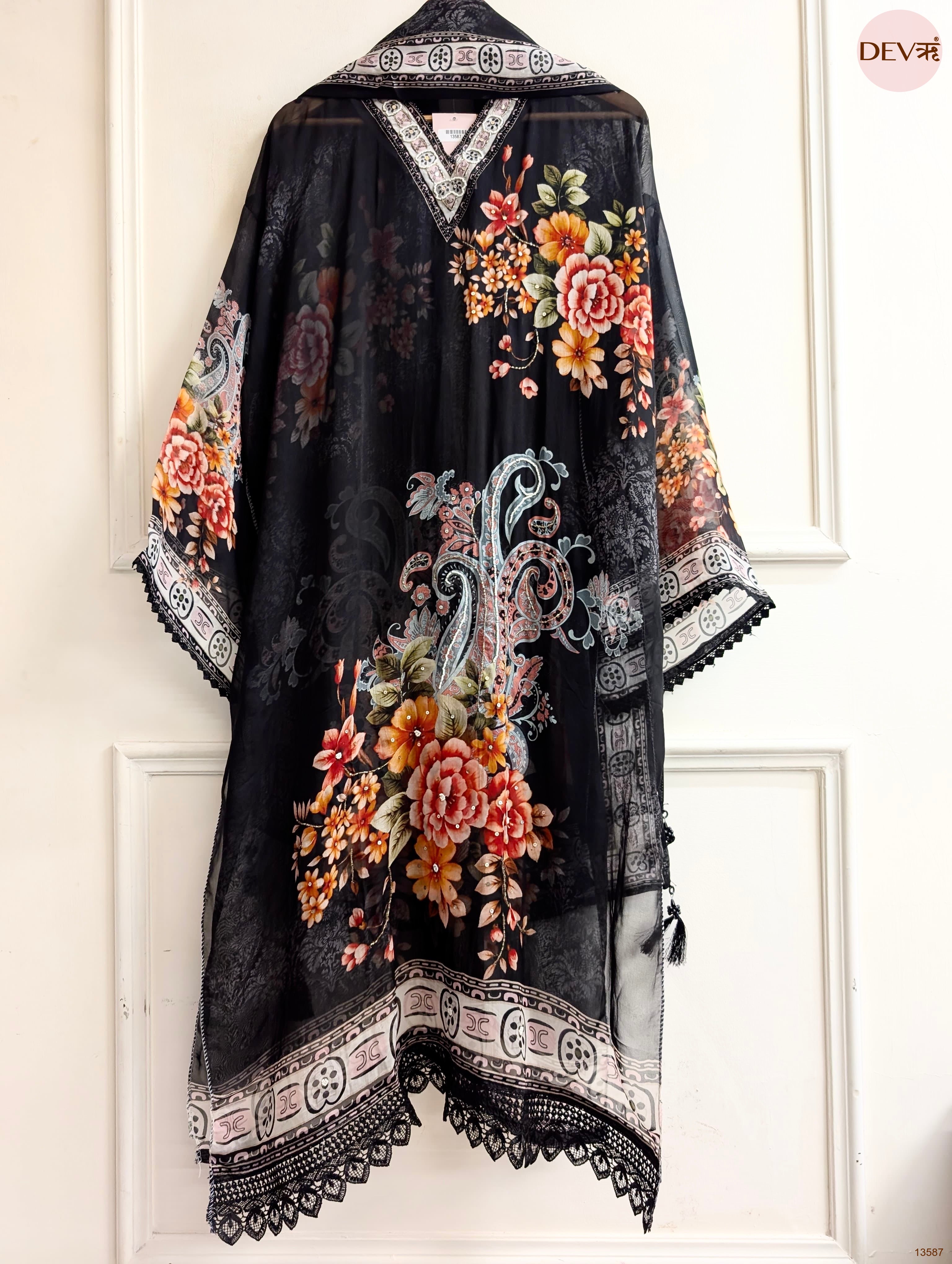 Black Organza Printed Unstitched 3-Piece Suit (Devri – D.No 13587)