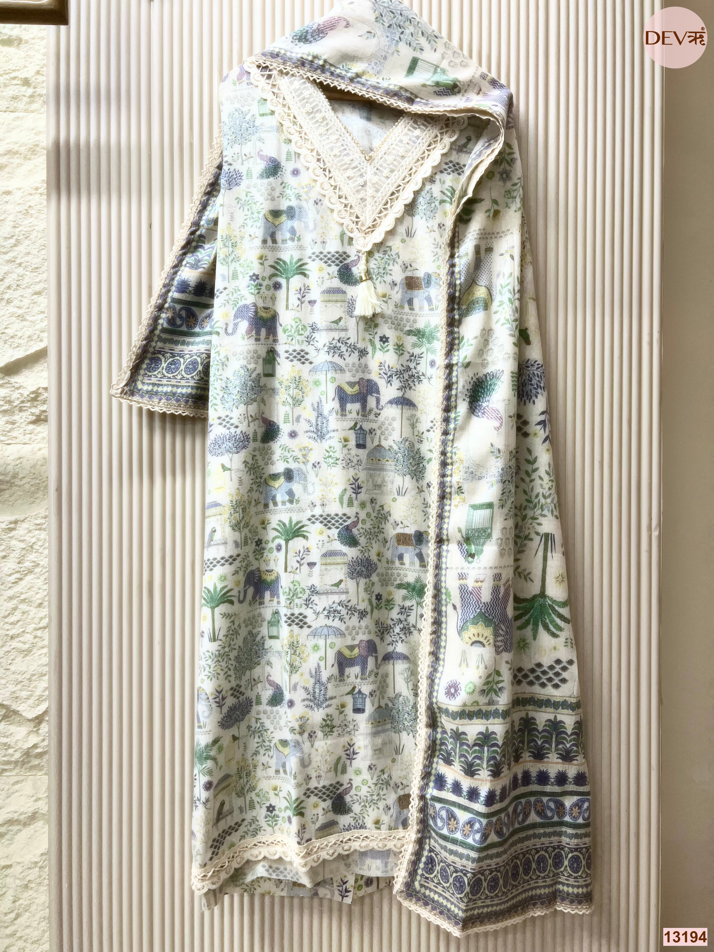 White Cotton Printed Unstitched 3-Piece Suit (Devri – D.No 13194)