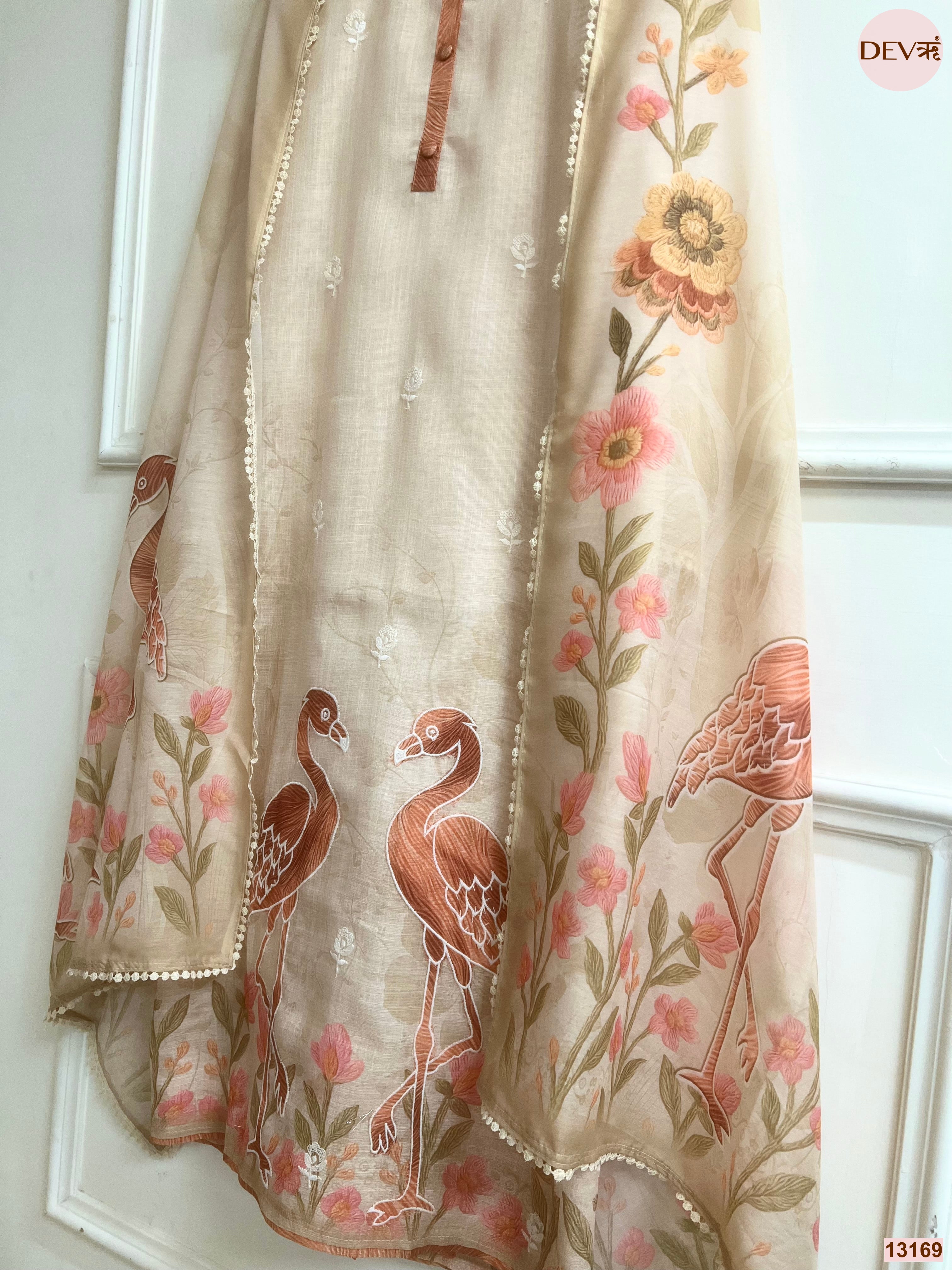 Beige Linen Cotton Printed Unstitched 3-Piece Suit (Devri – D.No 13169)