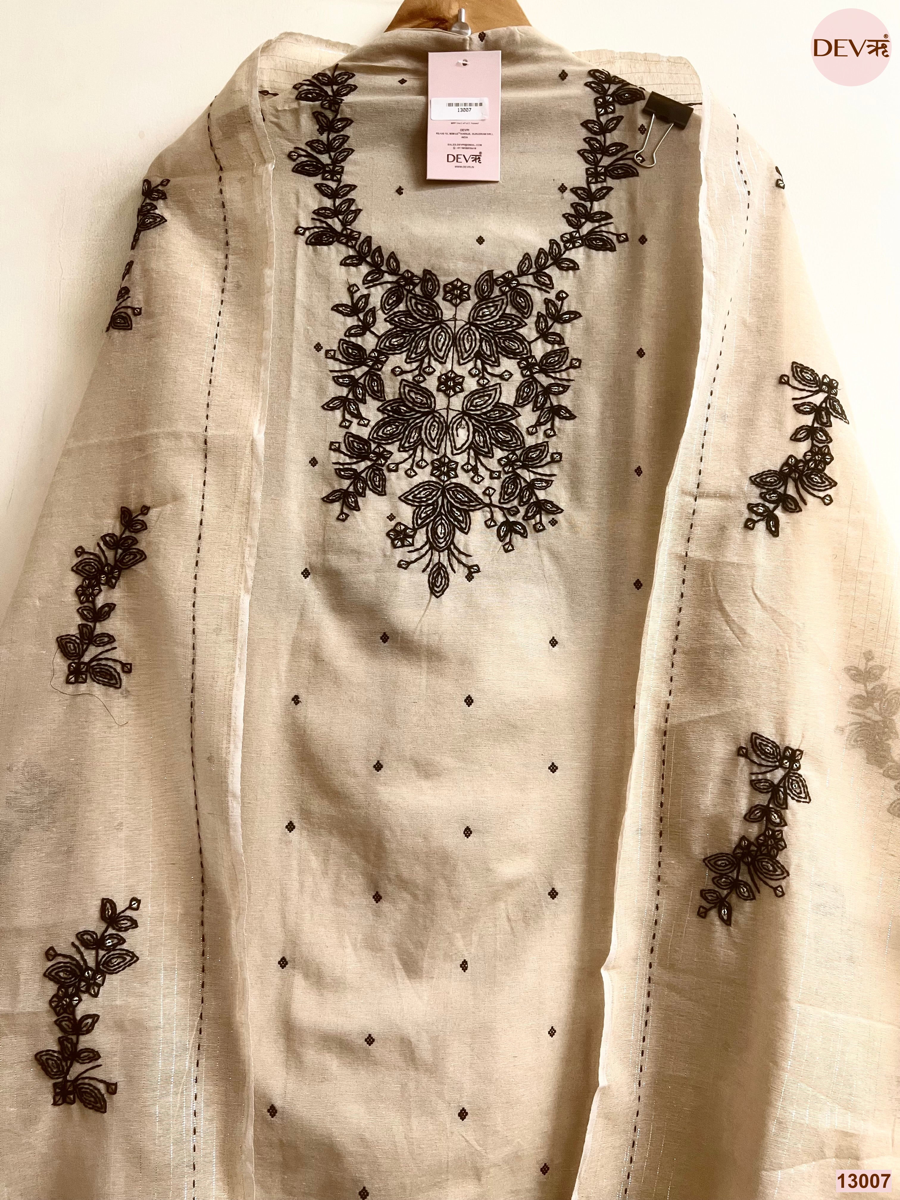 Beige Cotton Handloom Embroidered Unstitched 3-Piece Suit (Devri – D.No 13007)